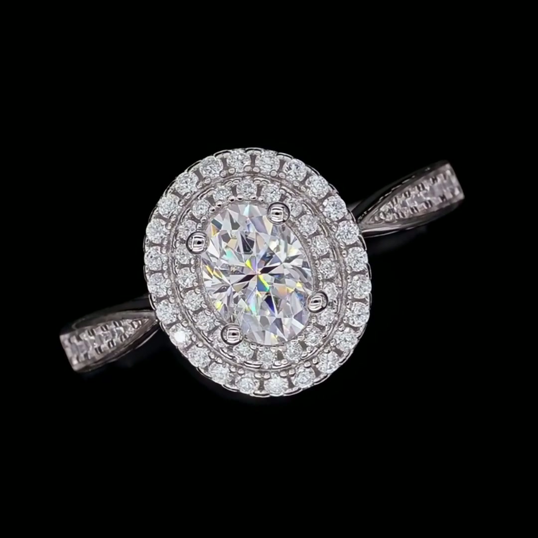 Oval Moissanite Double-Halo Engagement Ring | 1ct DEW 6.5mm Pavé Solitaire product video thumbnail