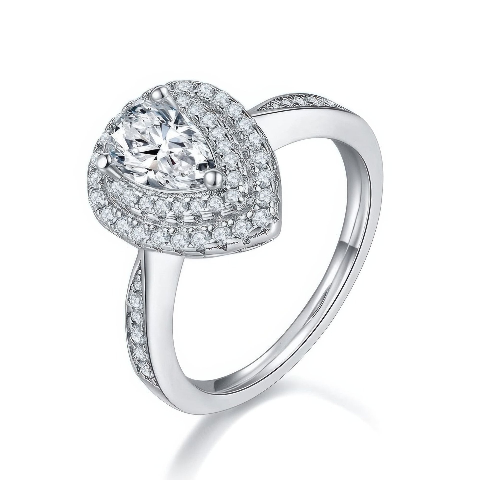 1ct Pear Cut Moissanite Ring | Double Halo Teardrop Solitaire | DEF Colorless 925 Silver