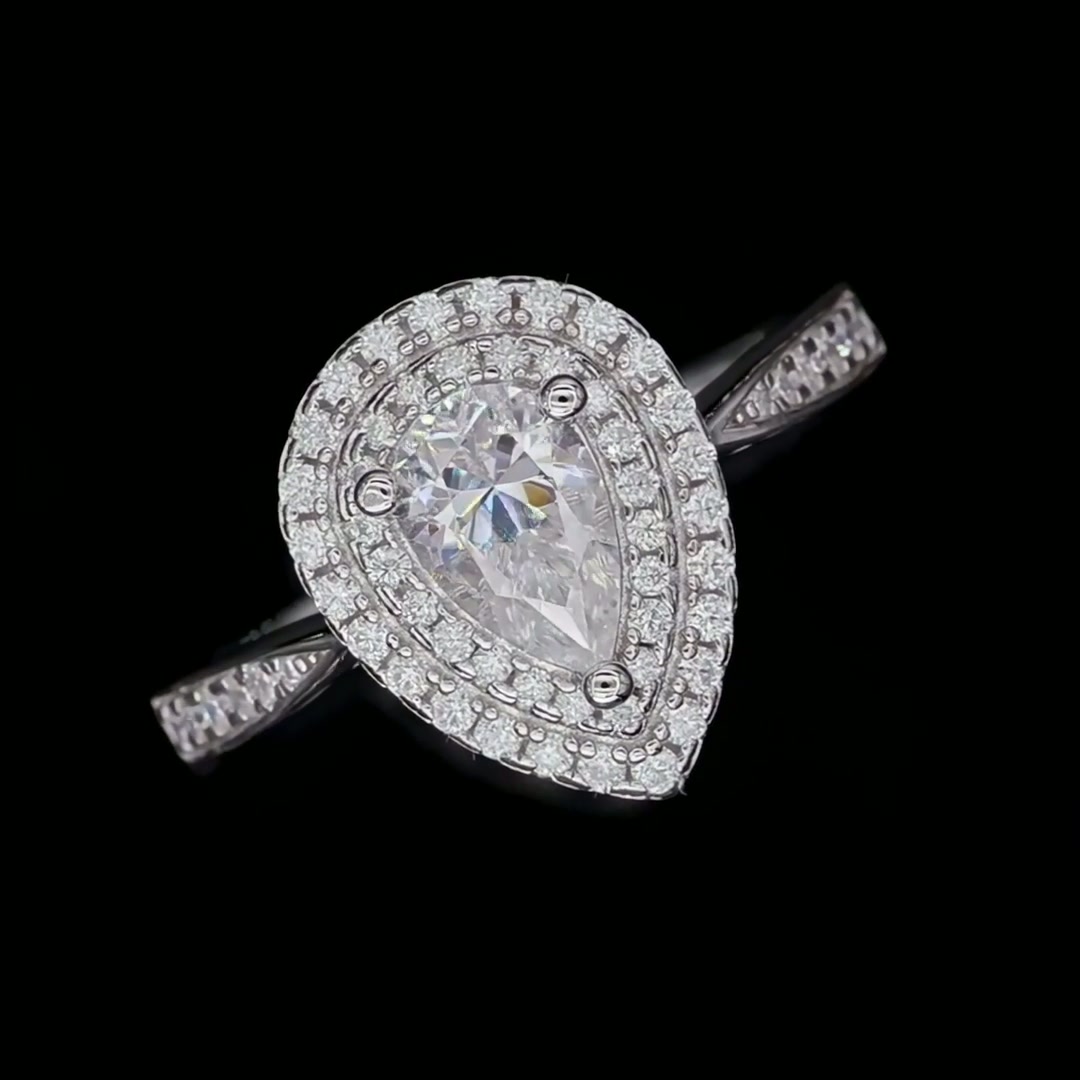 1ct Pear Cut Moissanite Ring | Double Halo Teardrop Solitaire | DEF Colorless 925 Silver product video thumbnail
