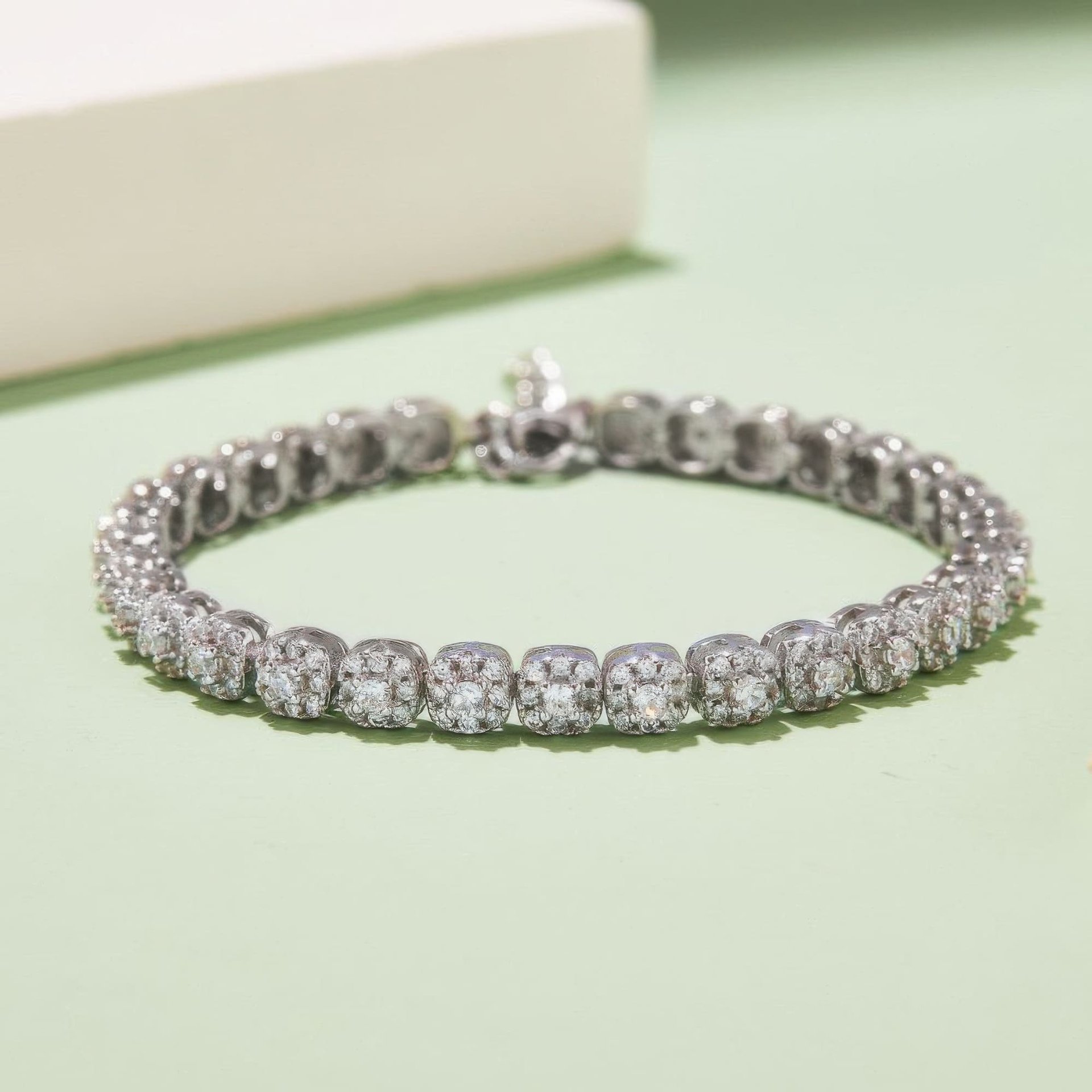 Vintage Square Moissanite Tennis Bracelet | Cushion Cluster Stations | 925 Silver 18K White Gold Plated - alternate view