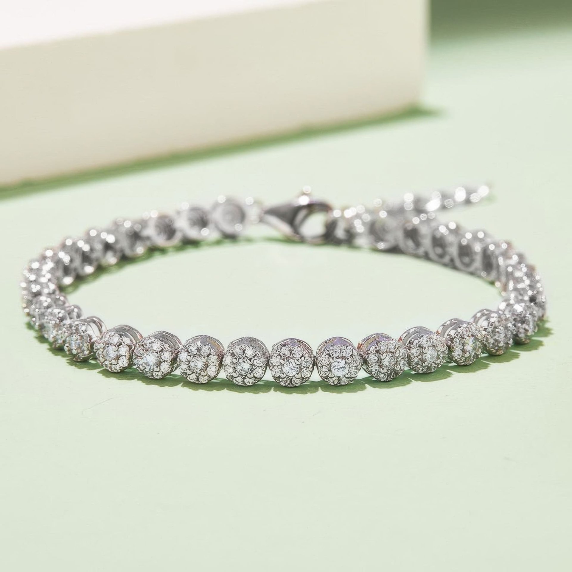 Vintage Moissanite Tennis Bracelet | 3.5CT Round Cluster Stations | 18K White Gold Plated Silver - alternate view