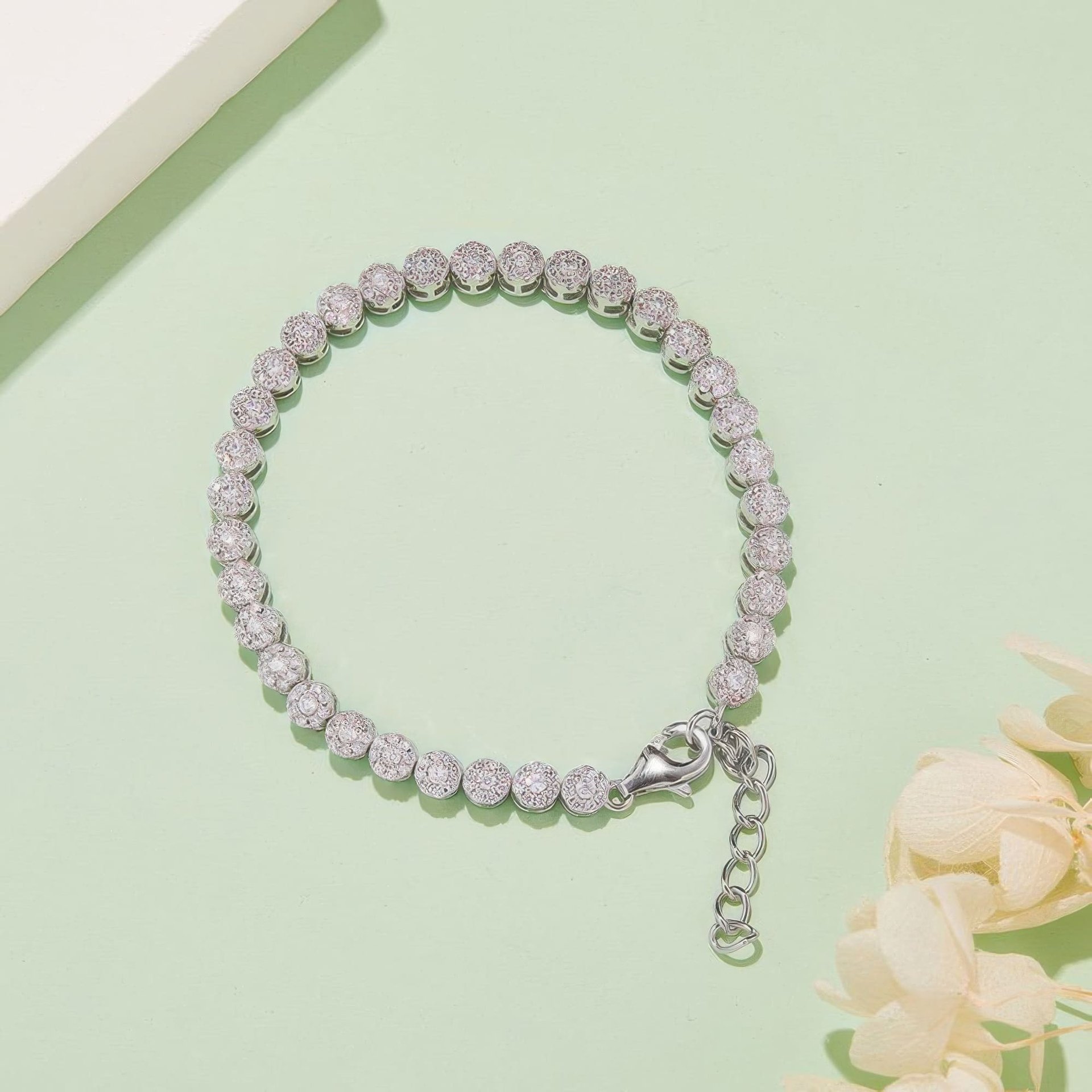 Vintage Moissanite Tennis Bracelet | 3.5CT Round Cluster Stations | 18K White Gold Plated Silver - Image 3