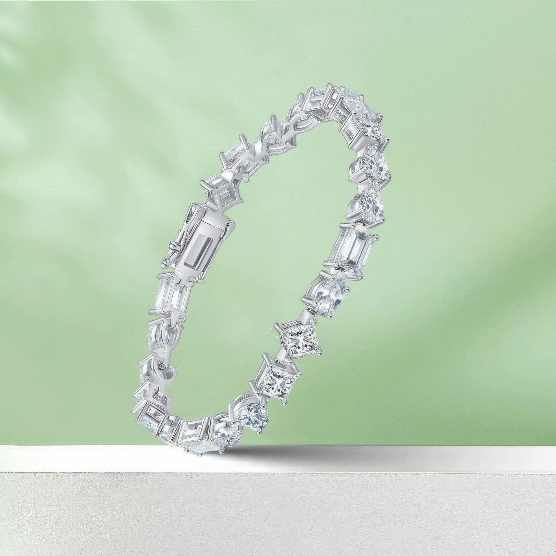 Geometric Moissanite Tennis Bracelet | Mixed Fancy-Cut 925 Sterling Silver, White-Gold Plated - Image 5