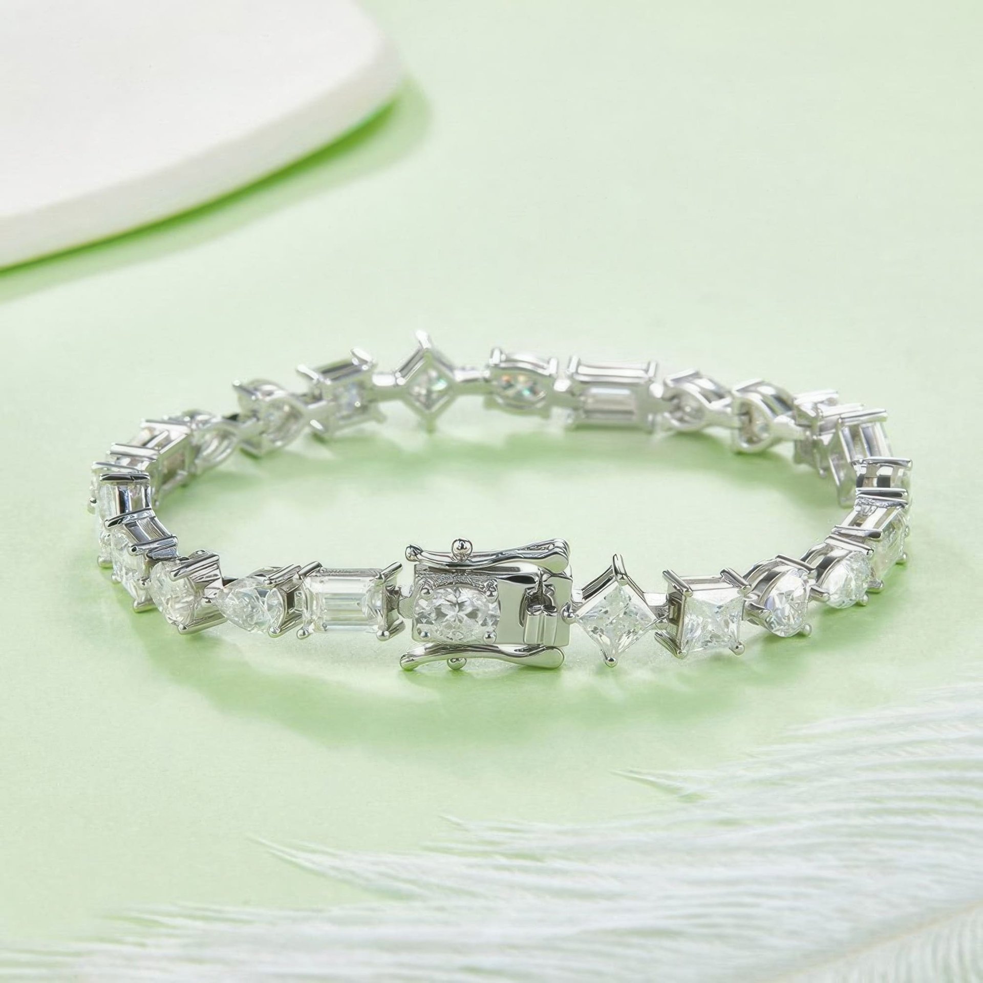 Geometric Moissanite Tennis Bracelet | Mixed Fancy-Cut 925 Sterling Silver, White-Gold Plated - Image 3