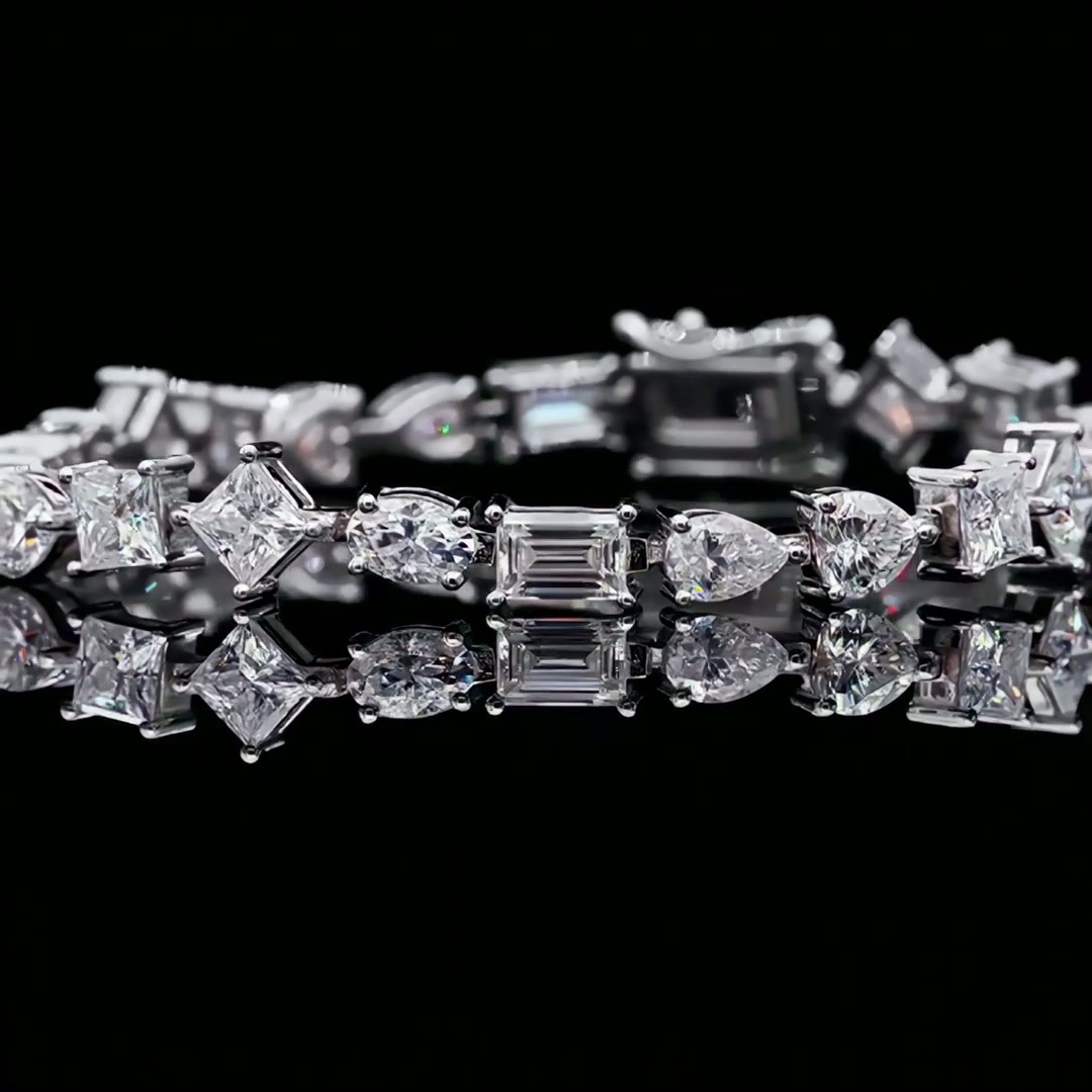 Geometric Moissanite Tennis Bracelet | Mixed Fancy-Cut 925 Sterling Silver, White-Gold Plated product video thumbnail