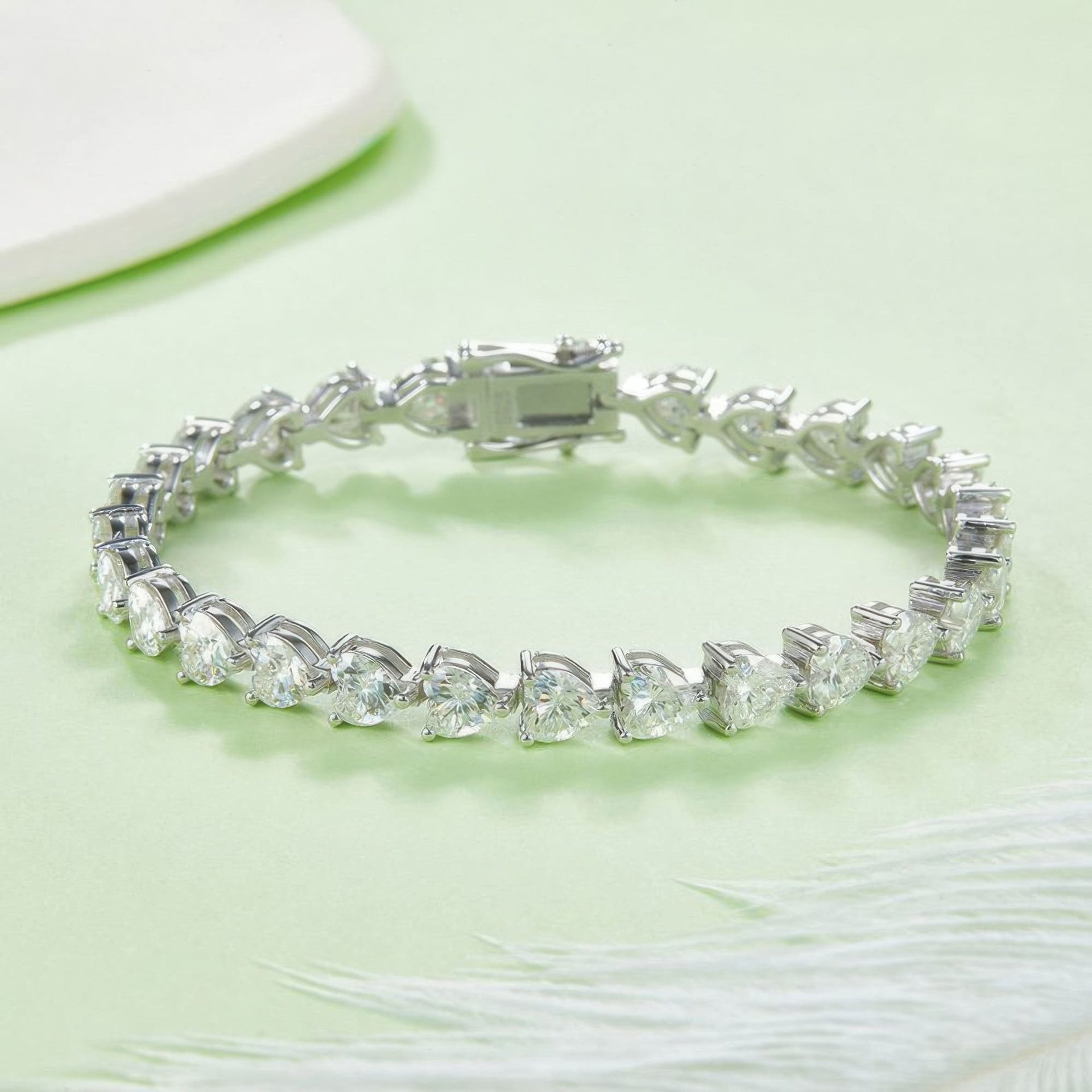Heart Cut Moissanite Tennis Bracelet | 925 Silver 18K White Gold Plated | Box Clasp - alternate view