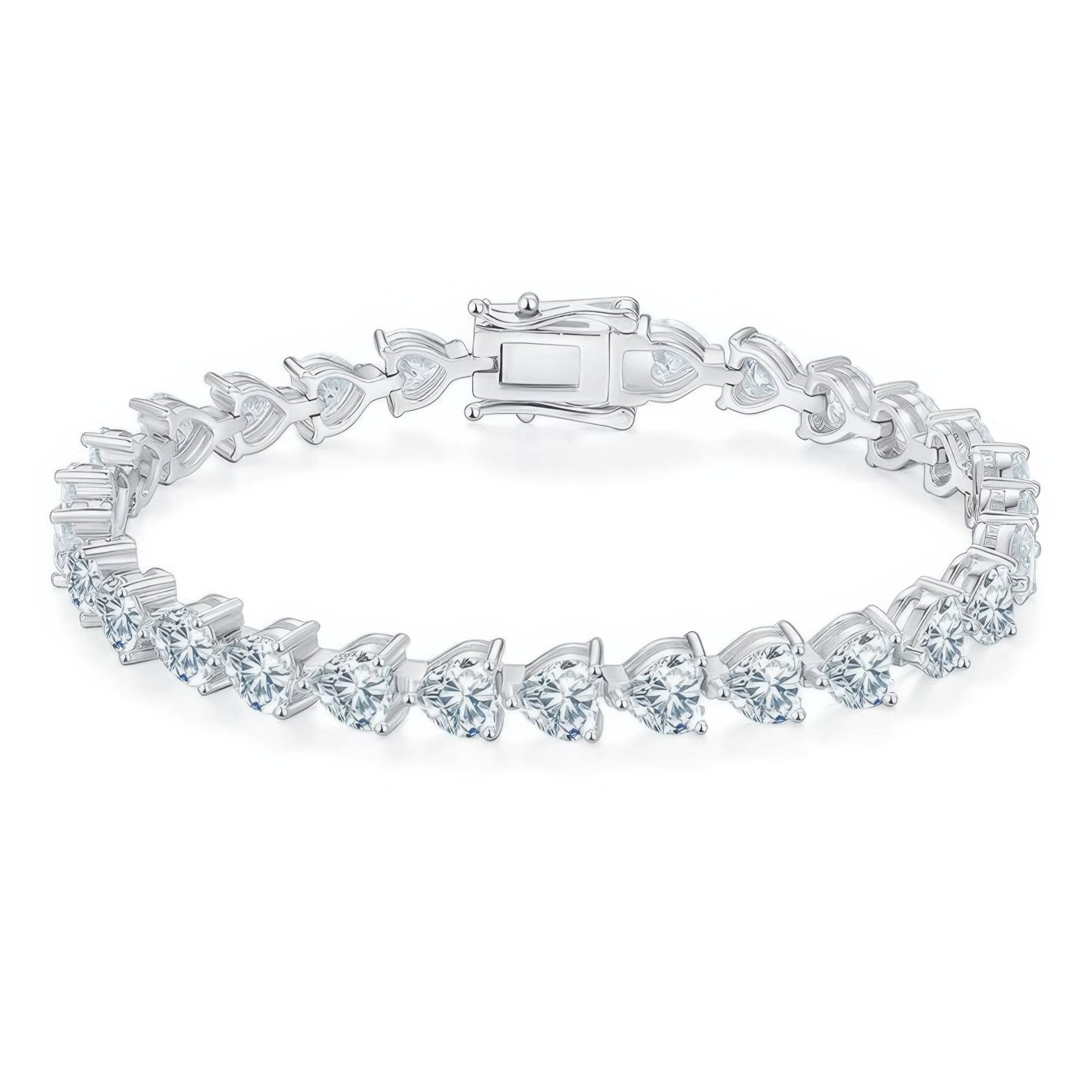 Heart Cut Moissanite Tennis Bracelet | 925 Silver 18K White Gold Plated | Box Clasp