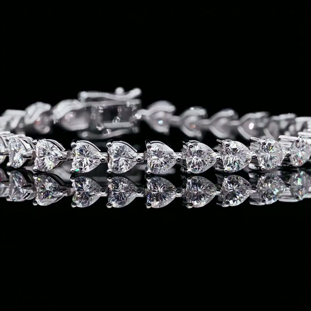 Heart Cut Moissanite Tennis Bracelet | 925 Silver 18K White Gold Plated | Box Clasp product video thumbnail