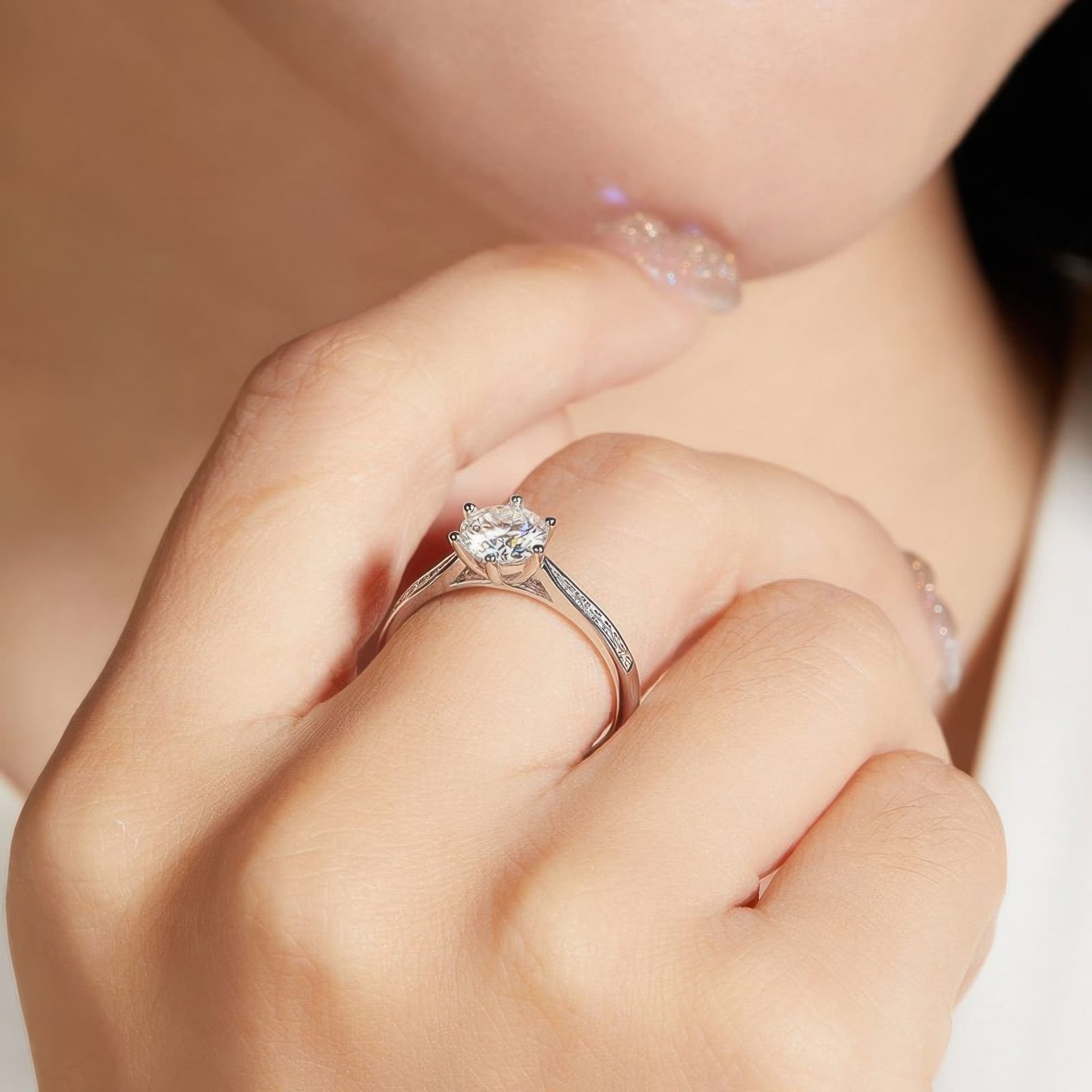 Round Solitaire Moissanite Ring | 1 Carat 6-Prong | Pavé Accents 925 Sterling Silver - Image 2