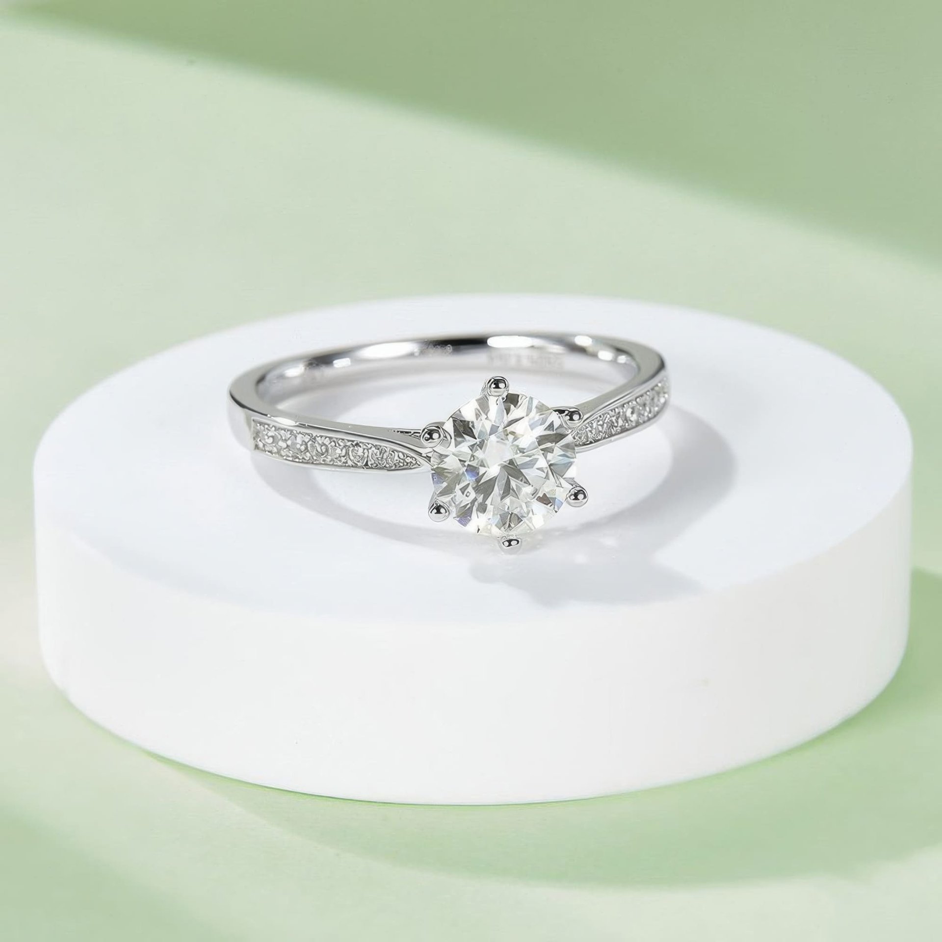 Round Solitaire Moissanite Ring | 1 Carat 6-Prong | Pavé Accents 925 Sterling Silver - Image 4