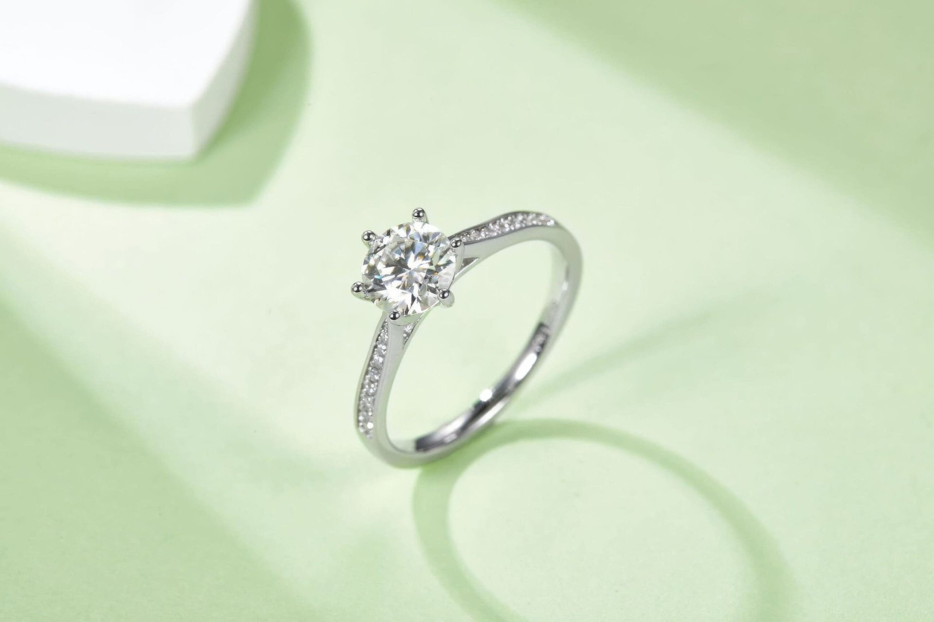 Round Solitaire Moissanite Ring | 1 Carat 6-Prong | Pavé Accents 925 Sterling Silver - Image 6