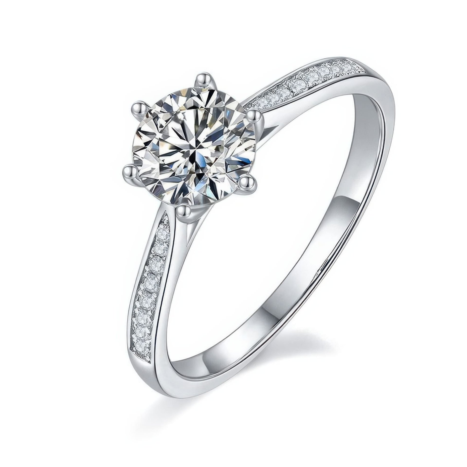Round Solitaire Moissanite Ring | 1 Carat 6-Prong | Pavé Accents 925 Sterling Silver