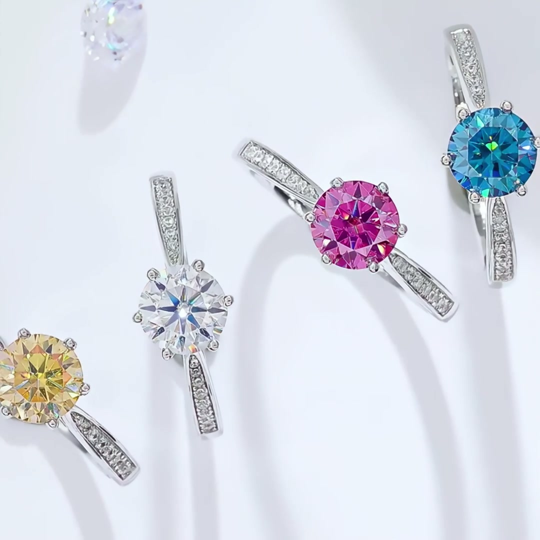 Round Solitaire Moissanite Ring | 1 Carat 6-Prong | Pavé Accents 925 Sterling Silver product video thumbnail