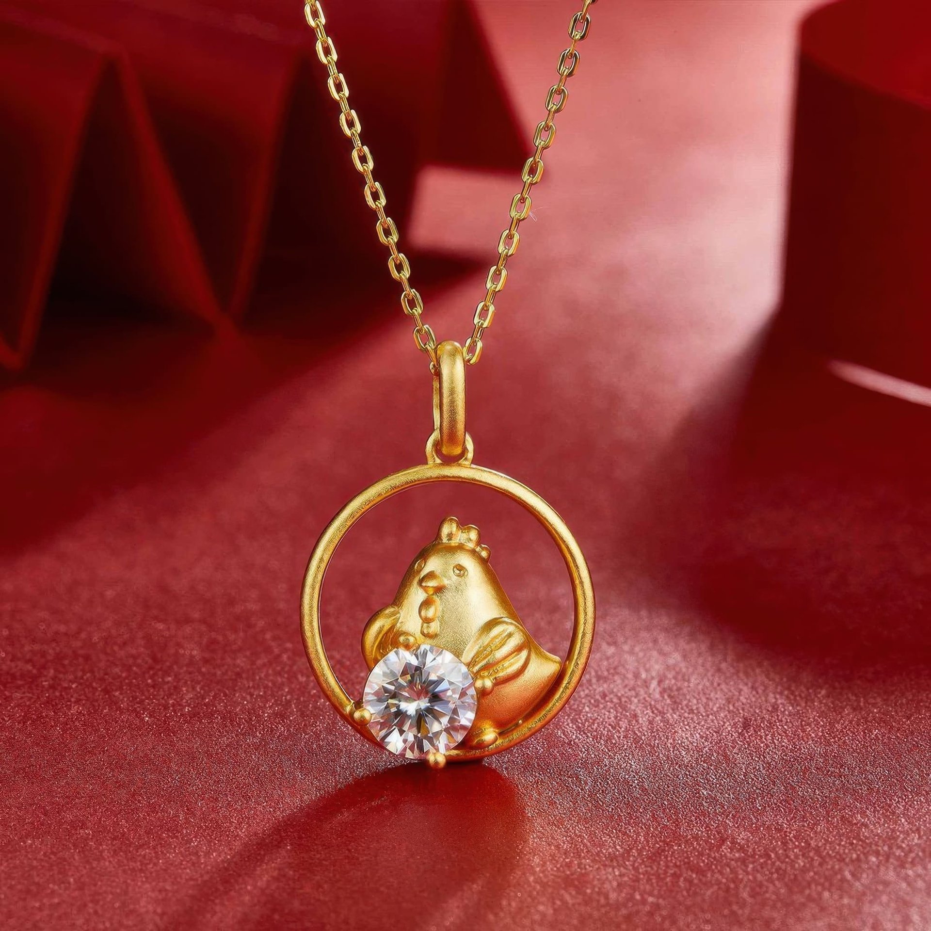Chinese Zodiac Rooster Moissanite Pendant Necklace | Round Solitaire | 22K Gold-Plated 925 Silver - Image 3
