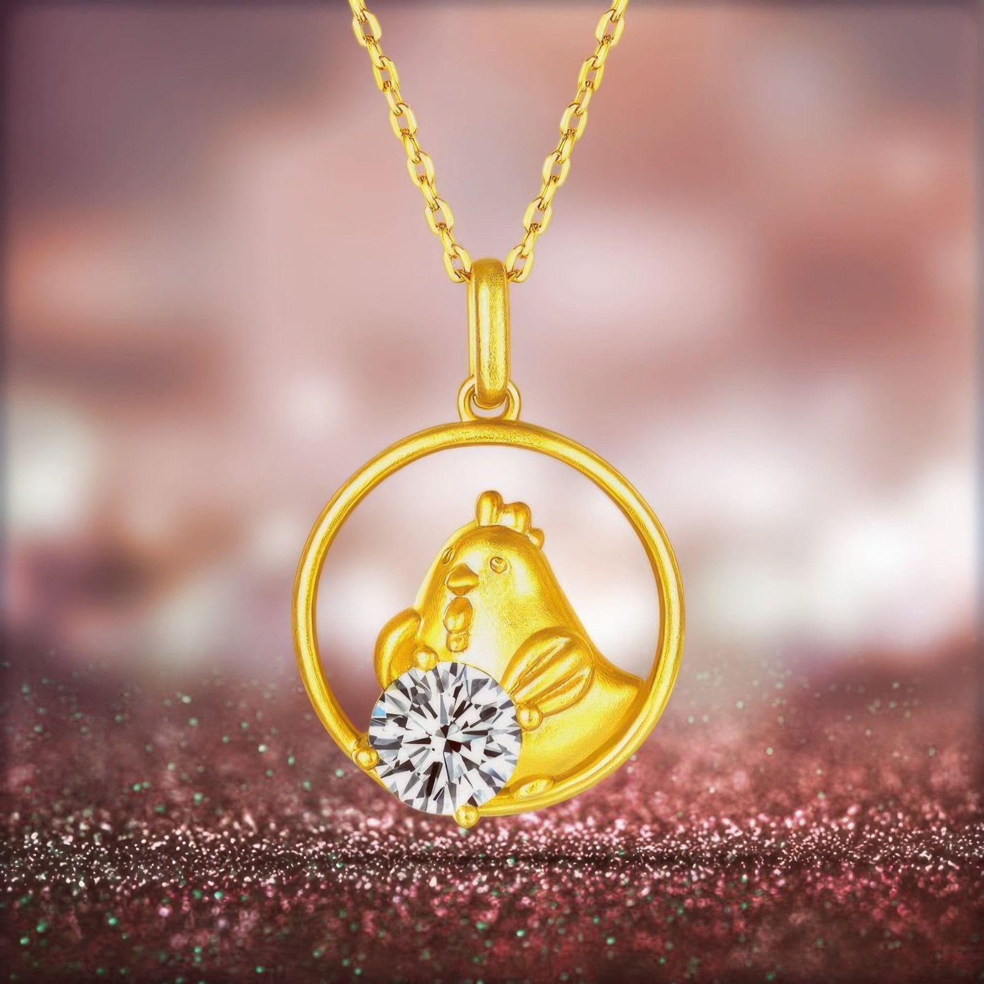 Chinese Zodiac Rooster Moissanite Pendant Necklace | Round Solitaire | 22K Gold-Plated 925 Silver - Image 5