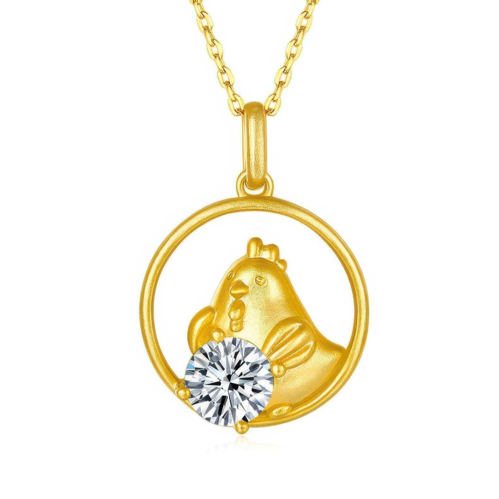 Chinese Zodiac Rooster Moissanite Pendant Necklace | Round Solitaire | 22K Gold-Plated 925 Silver