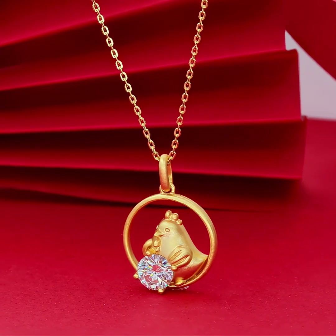 Chinese Zodiac Rooster Moissanite Pendant Necklace | Round Solitaire | 22K Gold-Plated 925 Silver product video thumbnail