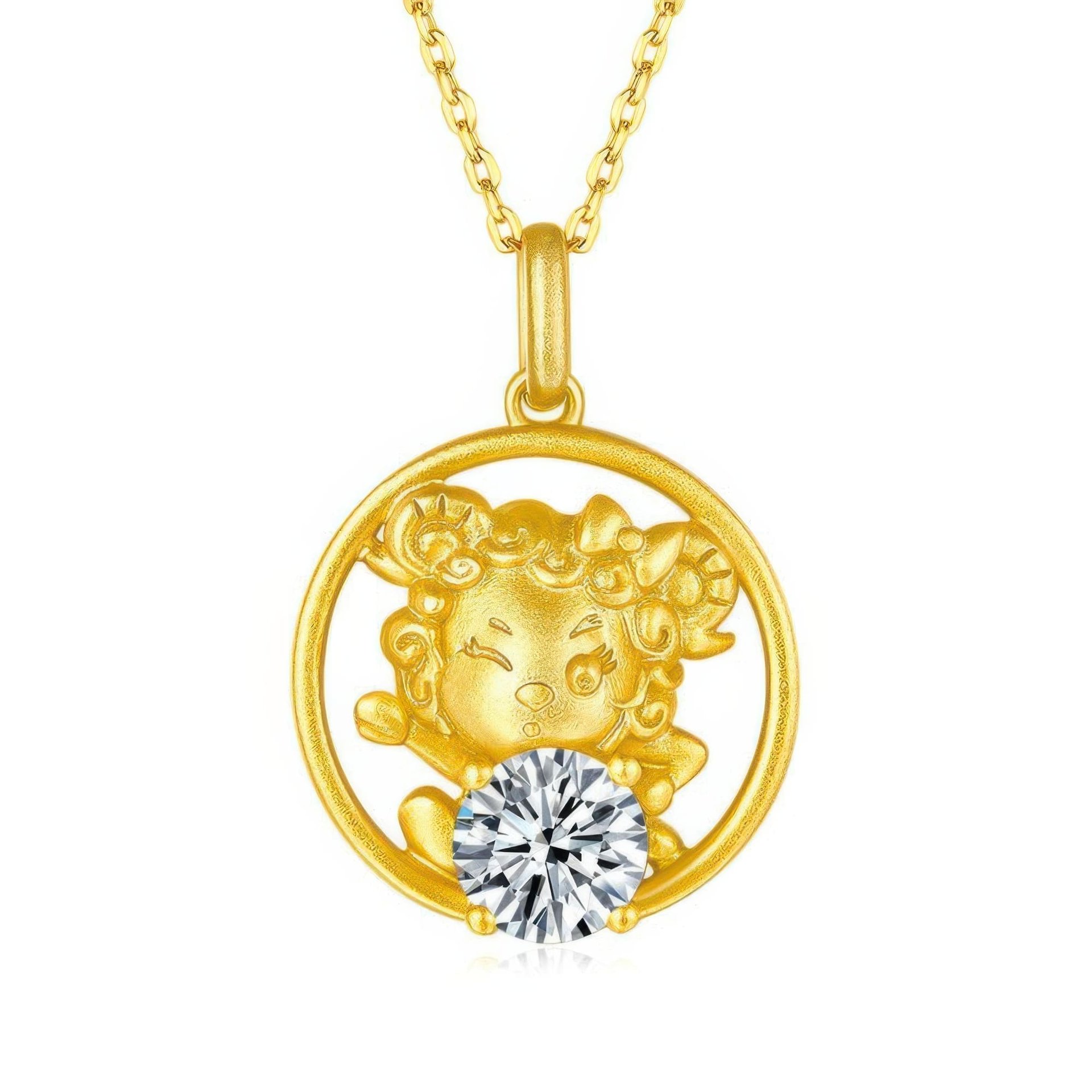 Chinese Zodiac Sheep Moissanite Pendant Necklace | Round Solitaire | 22K Gold-Plated 925 Silver