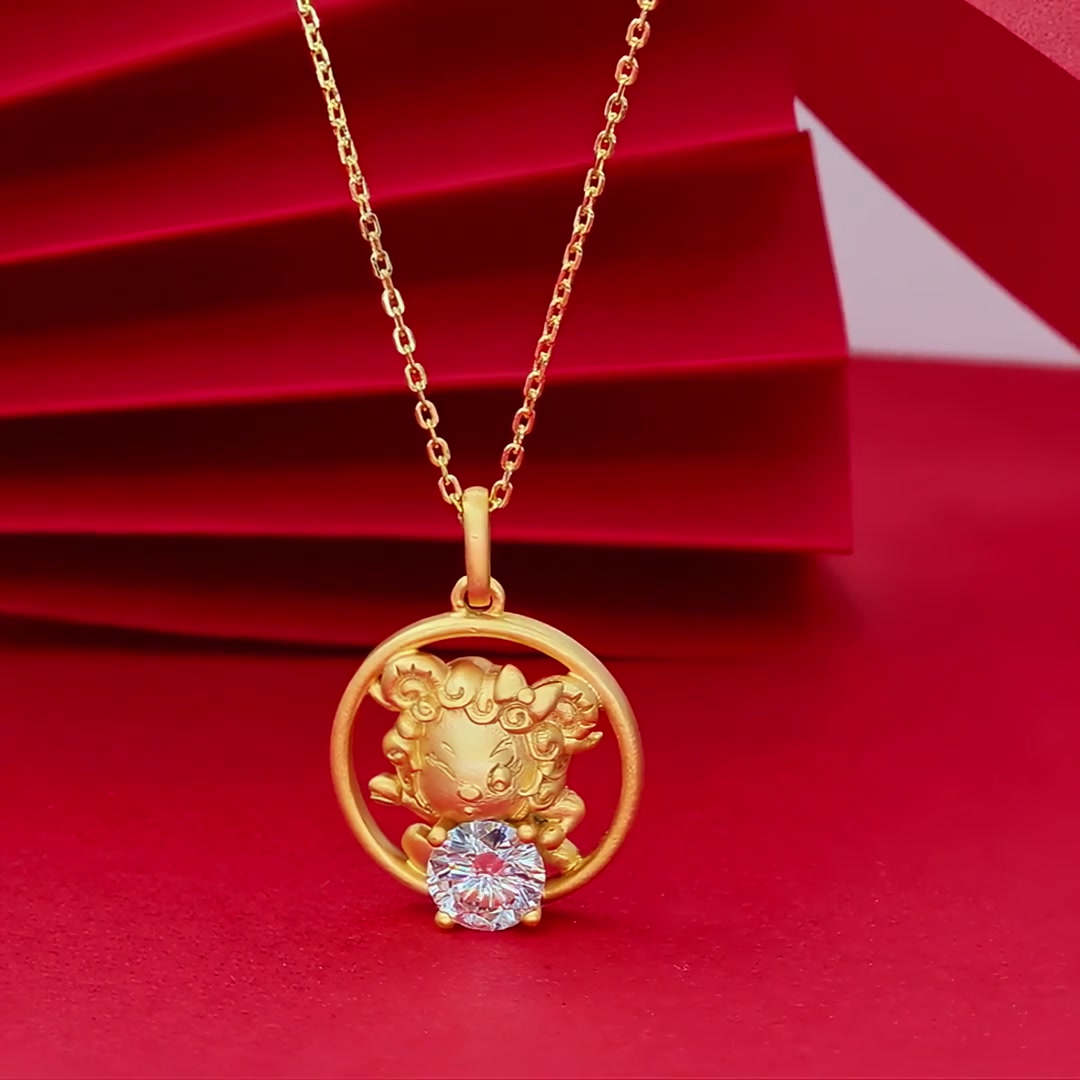 Chinese Zodiac Sheep Moissanite Pendant Necklace | Round Solitaire | 22K Gold-Plated 925 Silver product video thumbnail