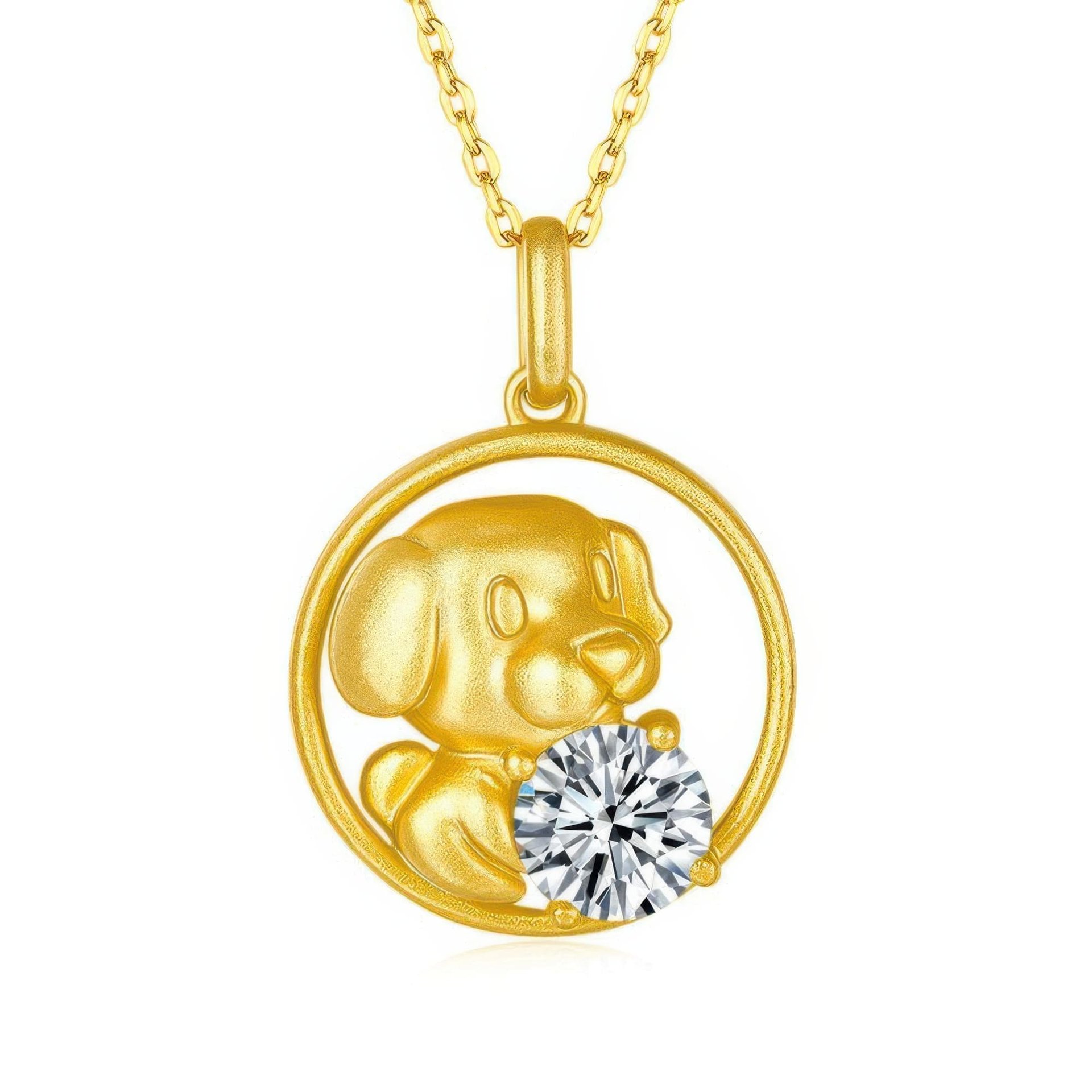 Chinese Zodiac Dog Moissanite Pendant | 22K Gold Plated 925 Silver | Round Cut Charm