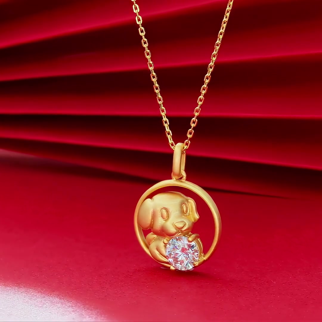 Chinese Zodiac Dog Moissanite Pendant | 22K Gold Plated 925 Silver | Round Cut Charm product video thumbnail