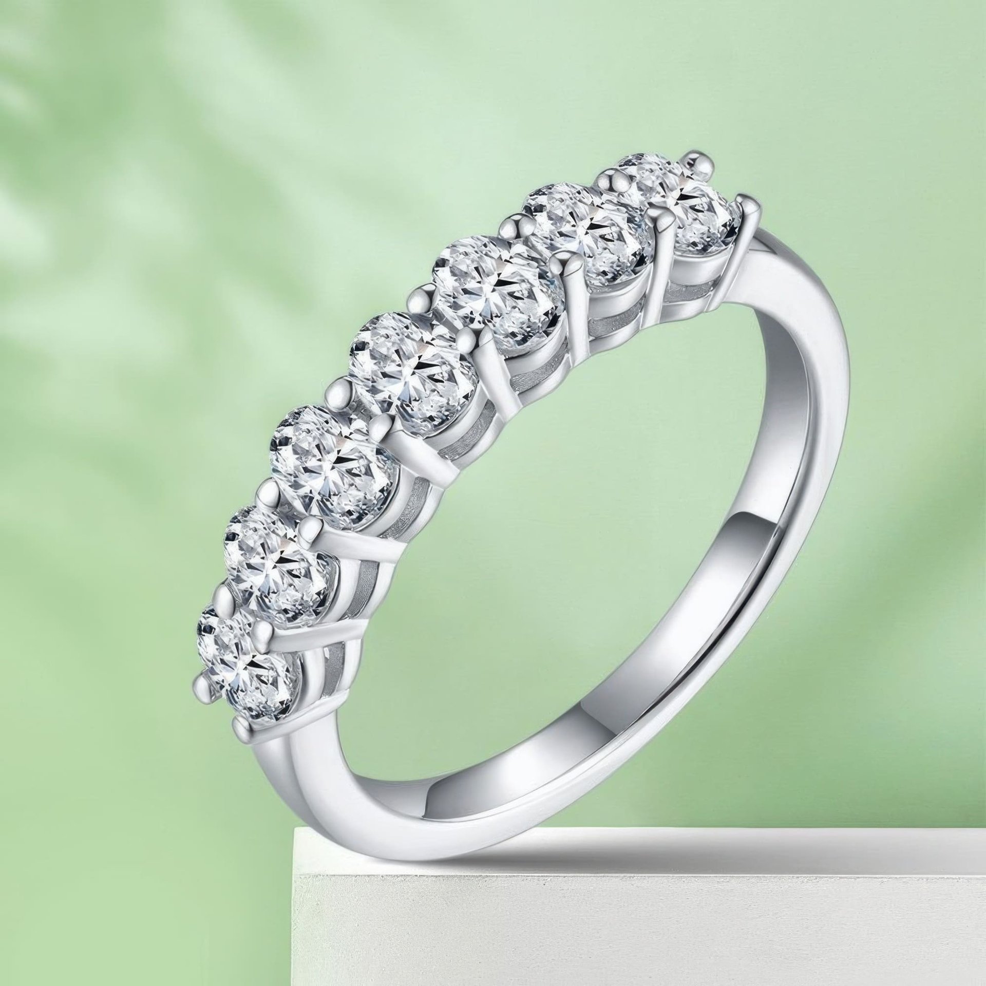 2.1ct Seven-Stone Moissanite Ring | Oval Cut 925 Sterling Silver Half-Eternity Band - Image 5