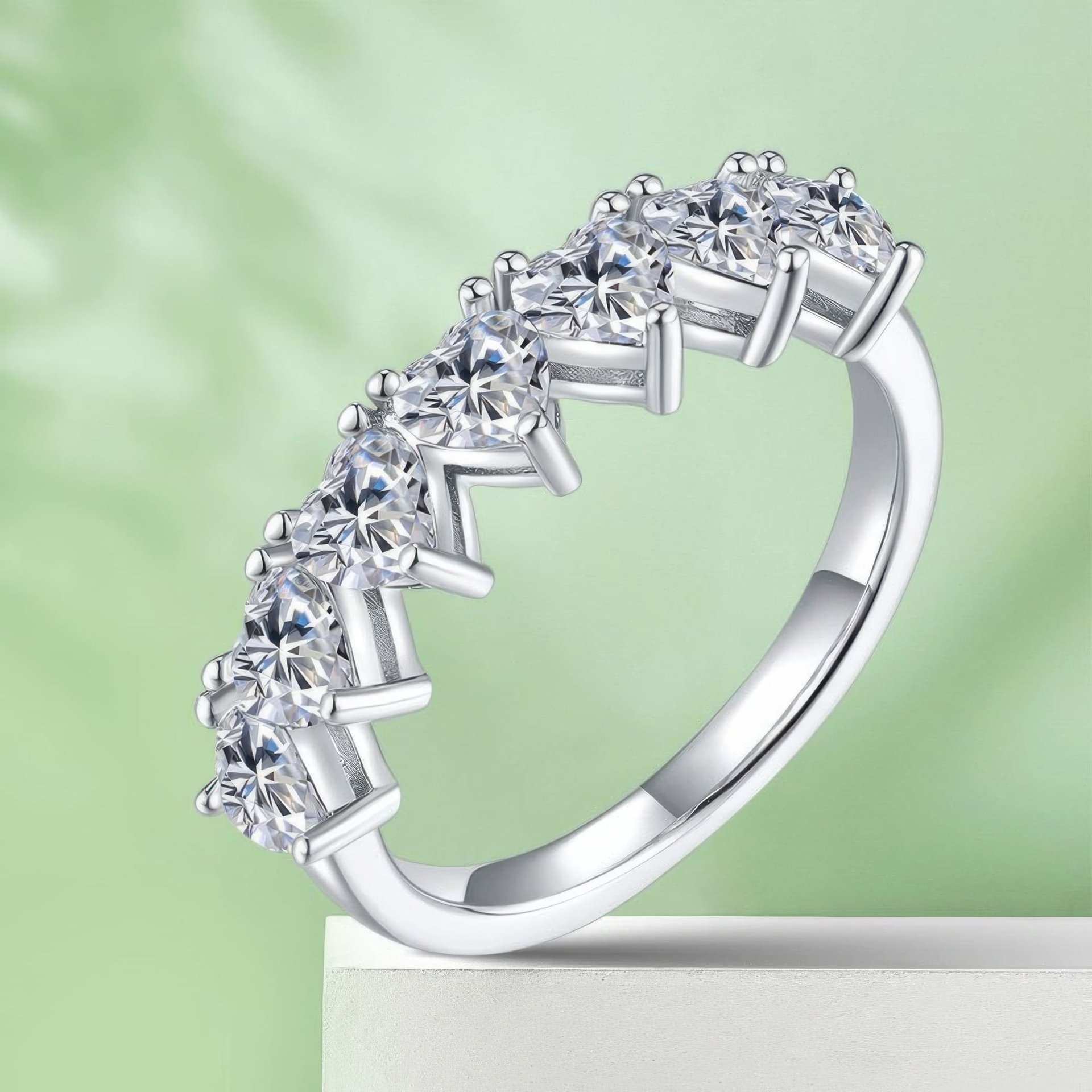 Heart Shape Moissanite Half-Eternity Ring | 925 Silver Seven-Stone Prong Band - Image 5