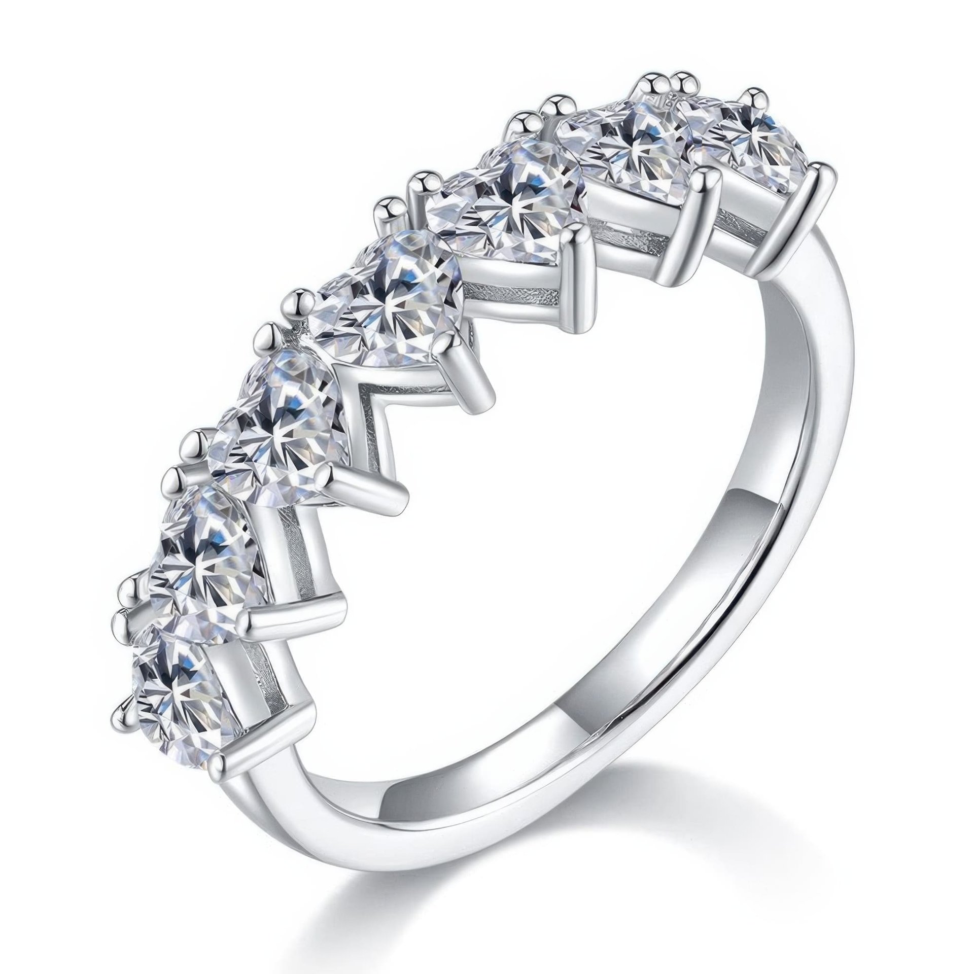 Heart Shape Moissanite Half-Eternity Ring | 925 Silver Seven-Stone Prong Band