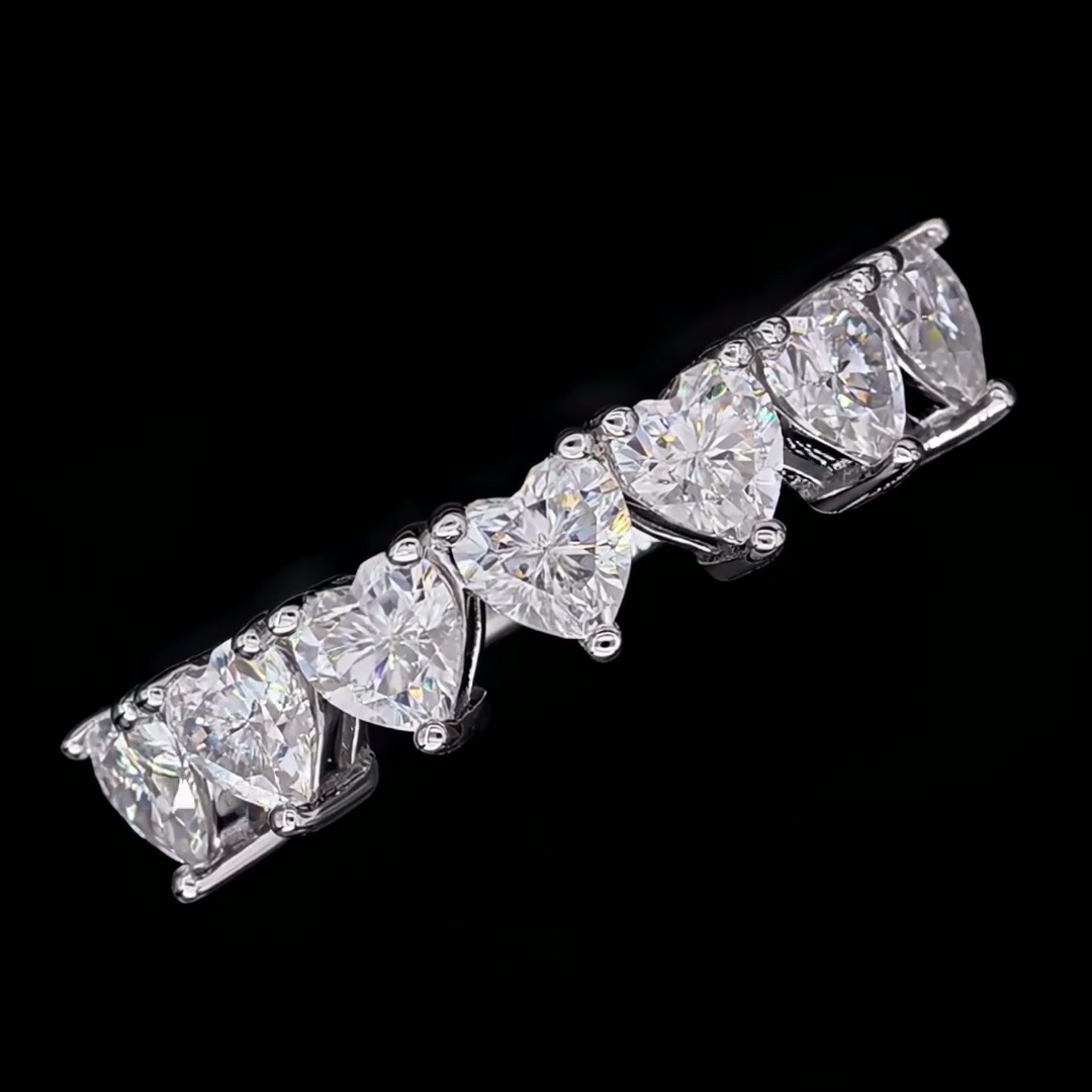 Heart Shape Moissanite Half-Eternity Ring | 925 Silver Seven-Stone Prong Band product video thumbnail