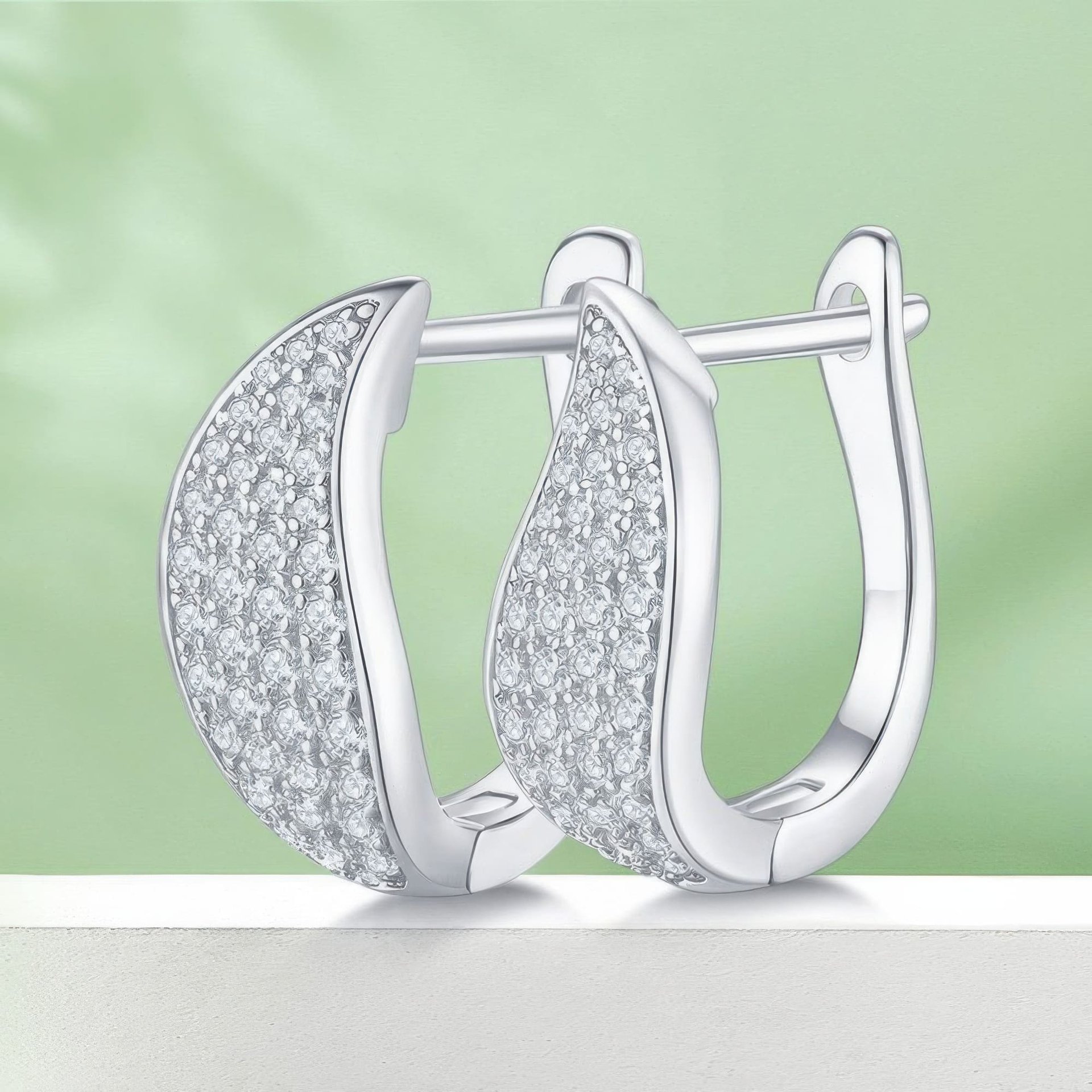 Pavé Moissanite Huggie Hoop Earrings | Curved Leaf 925 Sterling Silver, Leverback - Image 3