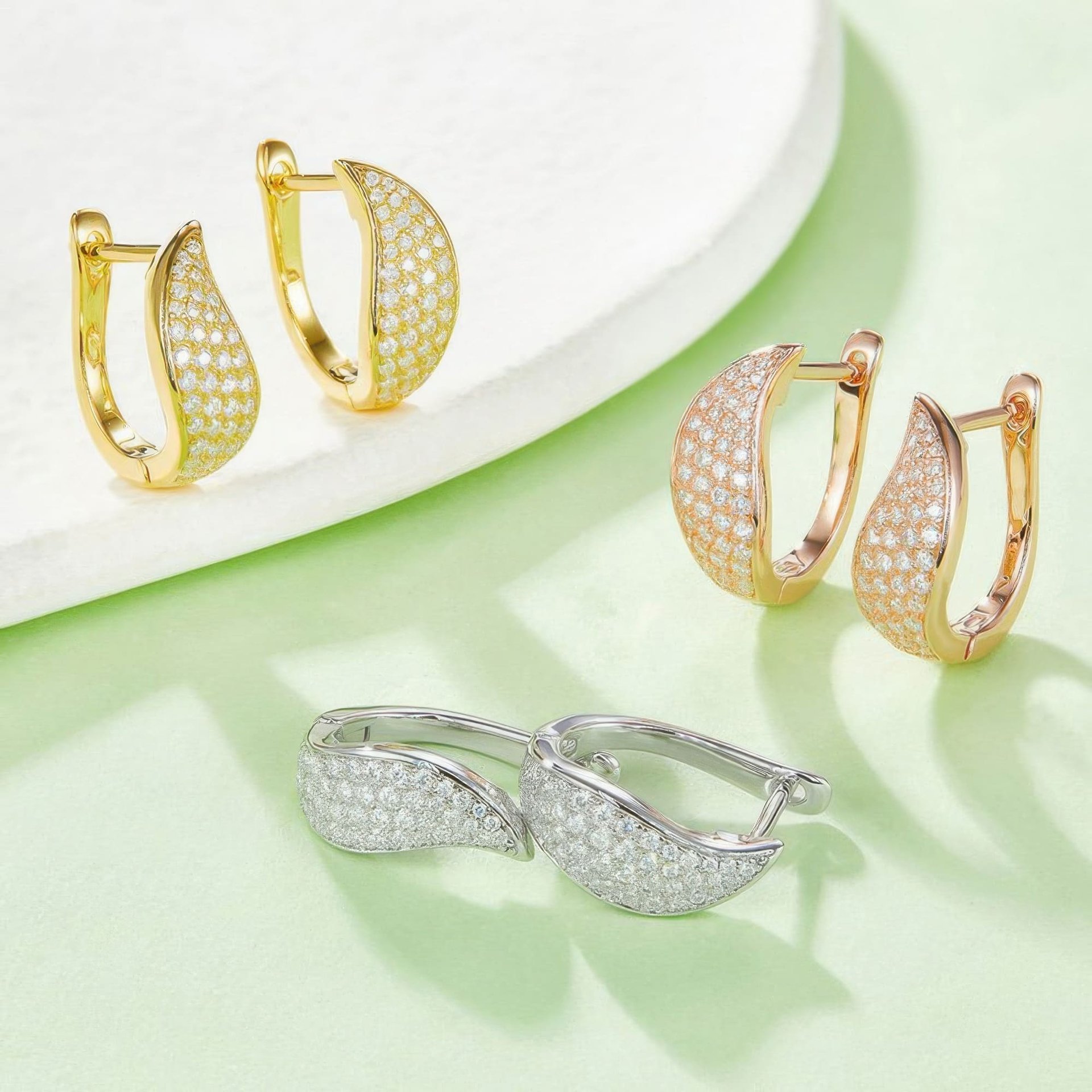 Pavé Moissanite Huggie Hoop Earrings | Curved Leaf 925 Sterling Silver, Leverback - Image 4