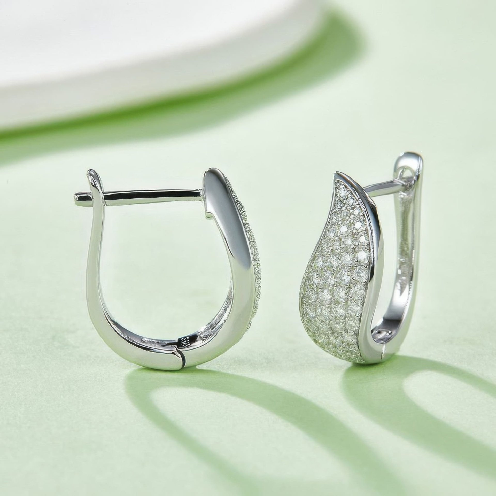 Pavé Moissanite Huggie Hoop Earrings | Curved Leaf 925 Sterling Silver, Leverback - Image 2
