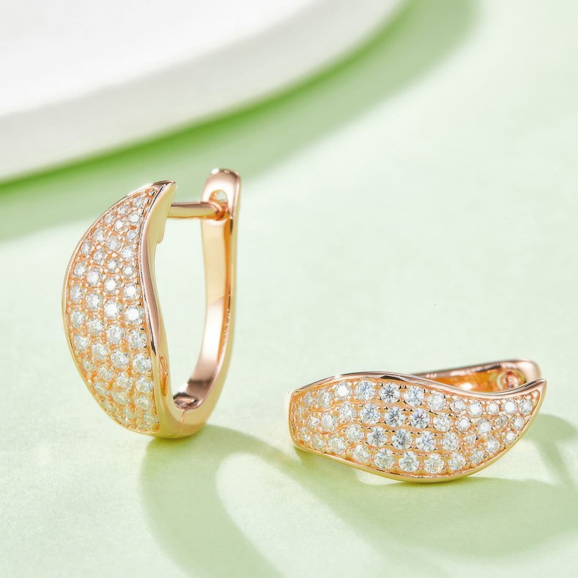 Pavé Moissanite Huggie Hoop Earrings | Curved Leaf 925 Sterling Silver, Leverback - Image 6