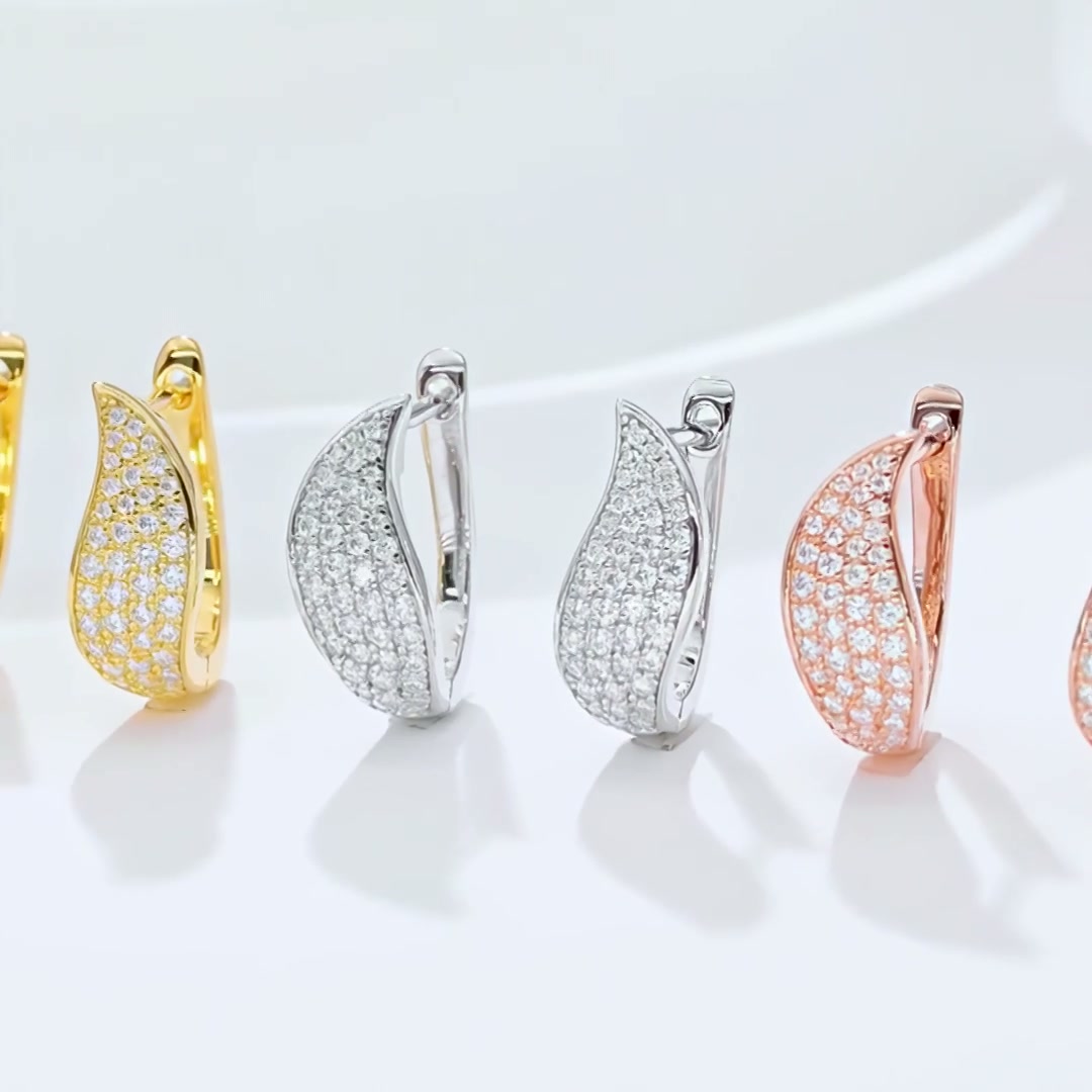 Pavé Moissanite Huggie Hoop Earrings | Curved Leaf 925 Sterling Silver, Leverback product video thumbnail