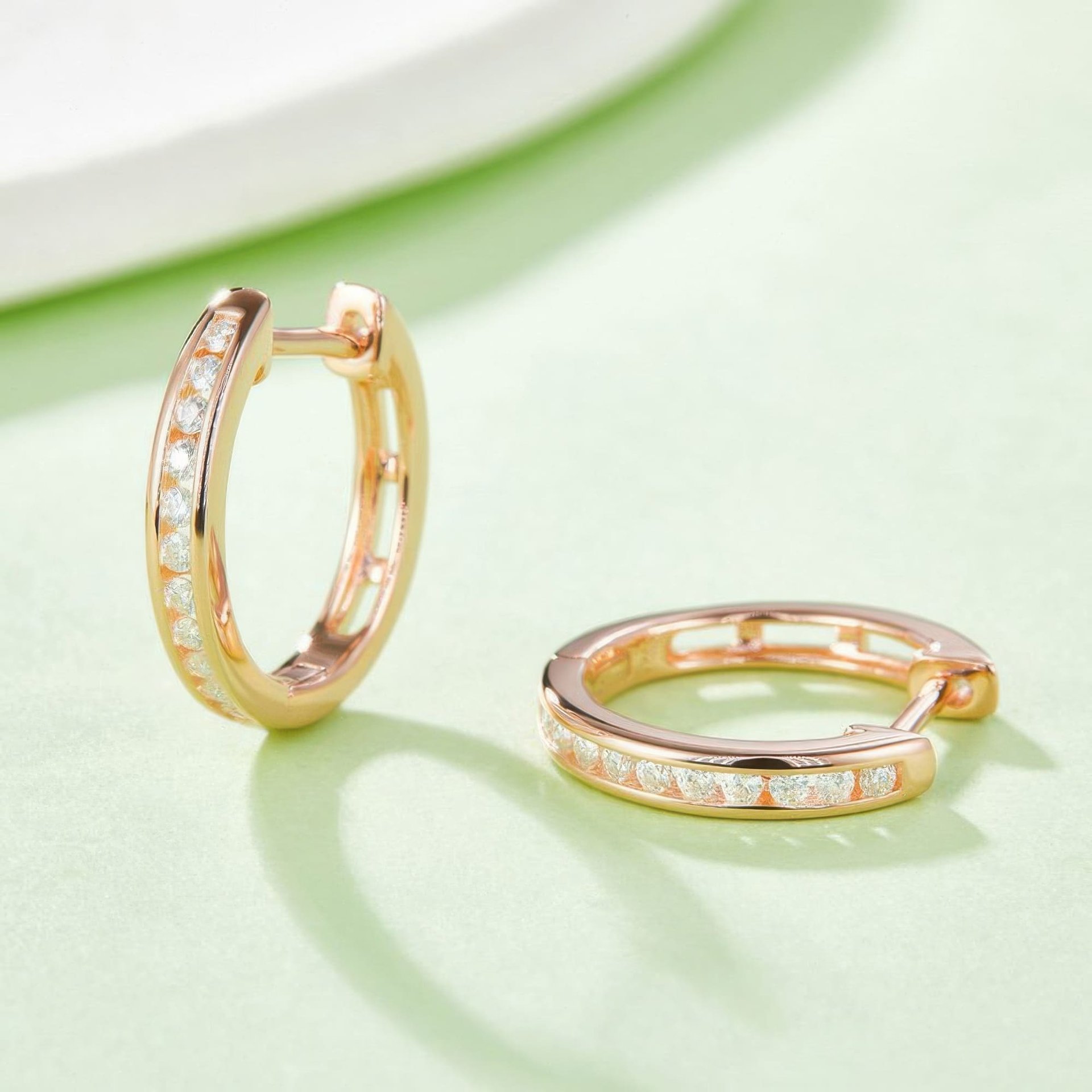 925 Sterling Silver Moissanite Huggie Hoop Earrings | Channel-Set Pave | 18K Gold Plated - Image 6