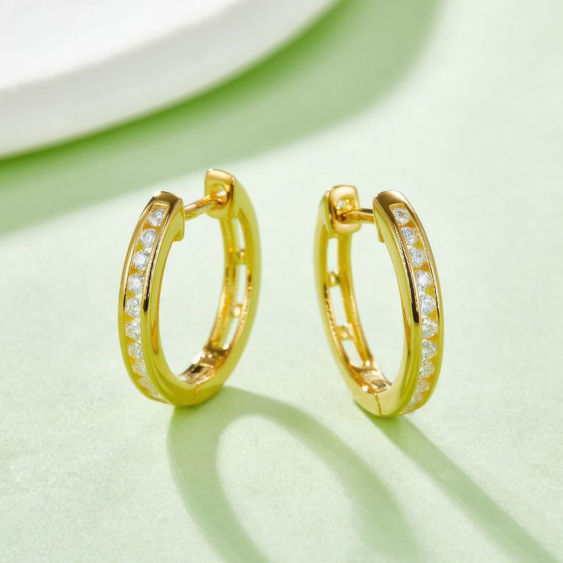 925 Sterling Silver Moissanite Huggie Hoop Earrings | Channel-Set Pave | 18K Gold Plated - Image 8