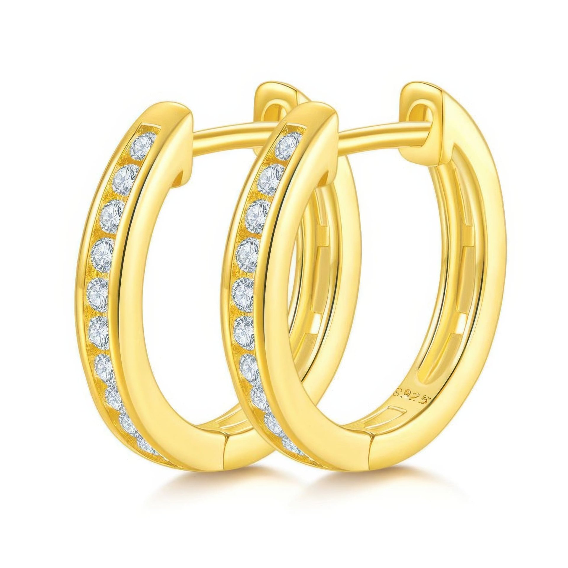 925 Sterling Silver Moissanite Huggie Hoop Earrings | Channel-Set Pave | 18K Gold Plated - Image 7