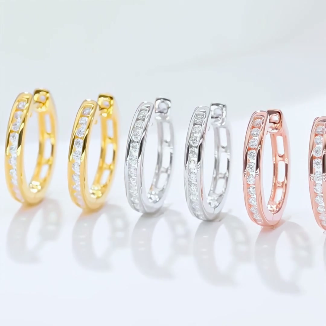925 Sterling Silver Moissanite Huggie Hoop Earrings | Channel-Set Pave | 18K Gold Plated product video thumbnail