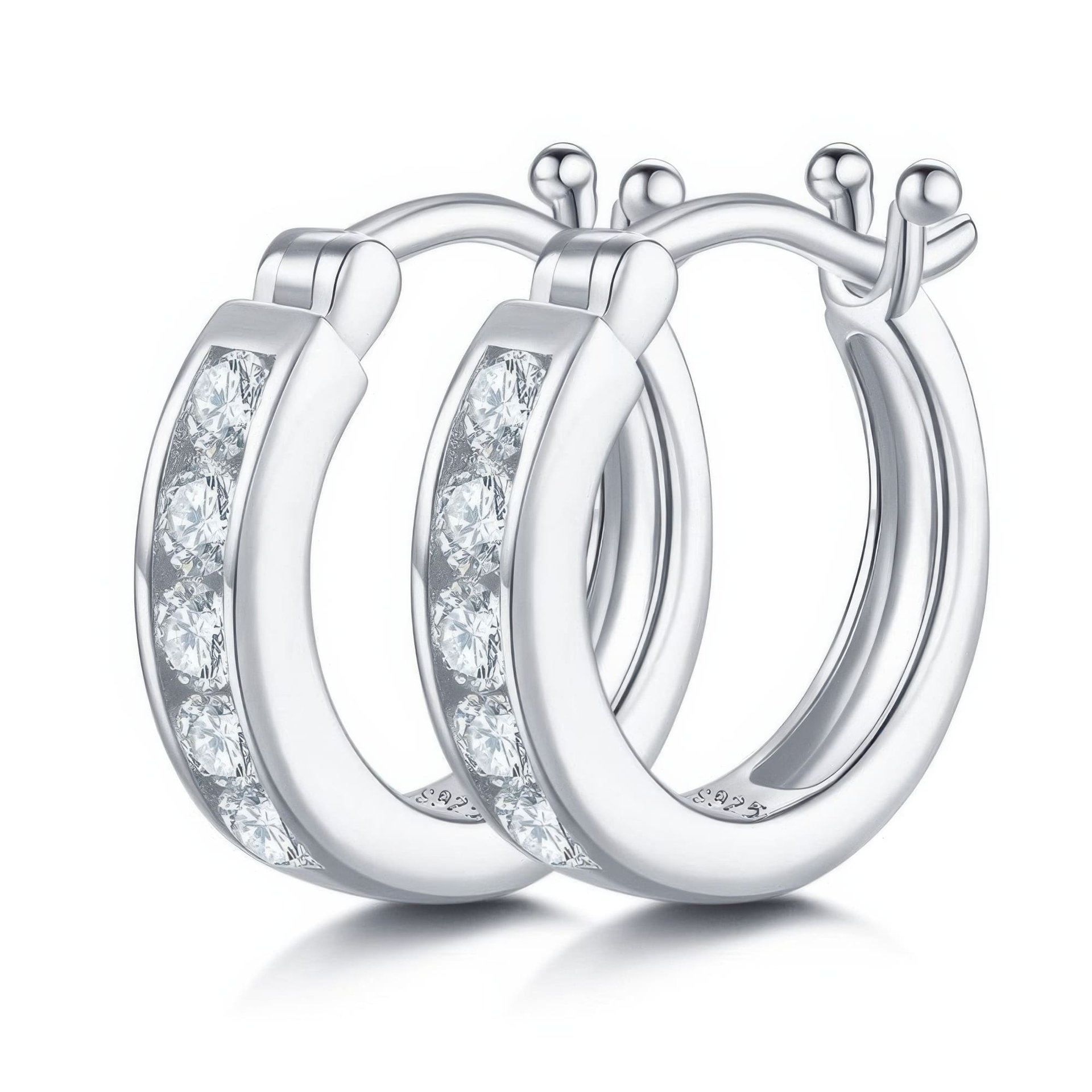Moissanite Huggie Hoop Earrings | Channel-Set Round Stones | 925 Silver
