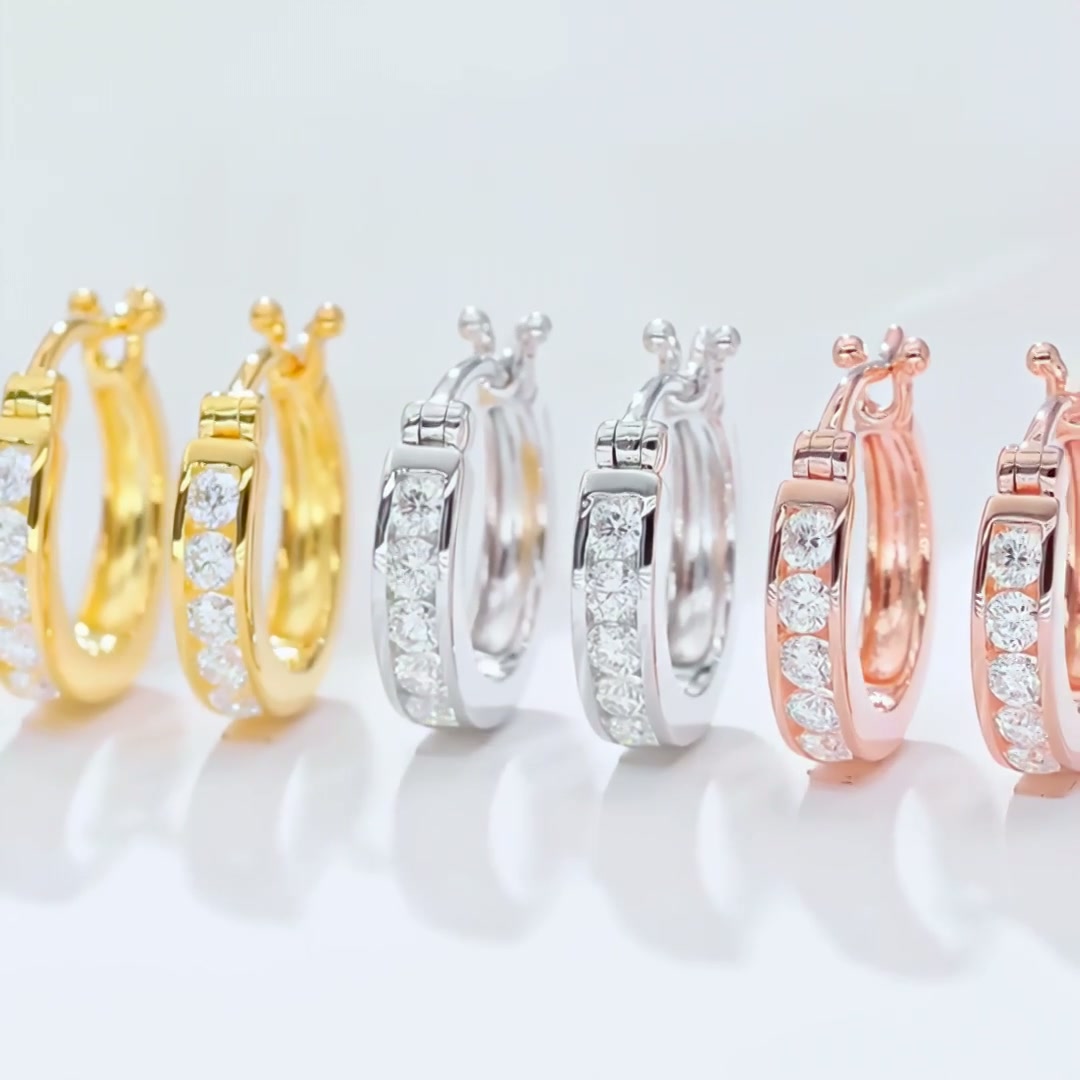 Moissanite Huggie Hoop Earrings | Channel-Set Round Stones | 925 Silver product video thumbnail