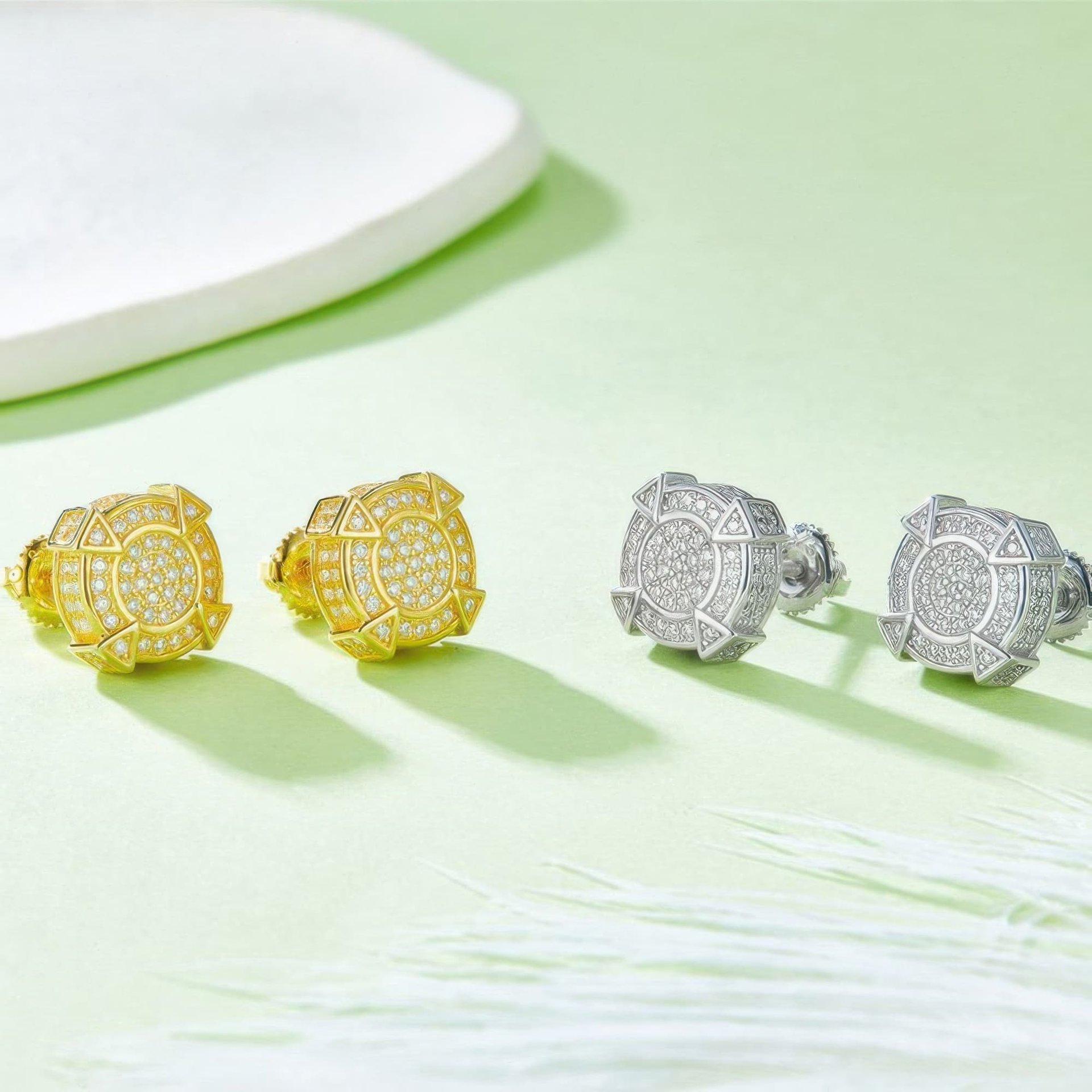 Geometric Moissanite Stud Earrings | Round Pave Compass Medallion | 925 Sterling Silver - Image 3
