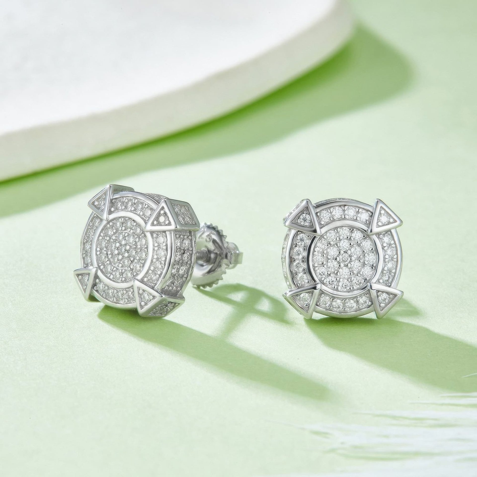 Geometric Moissanite Stud Earrings | Round Pave Compass Medallion | 925 Sterling Silver - alternate view