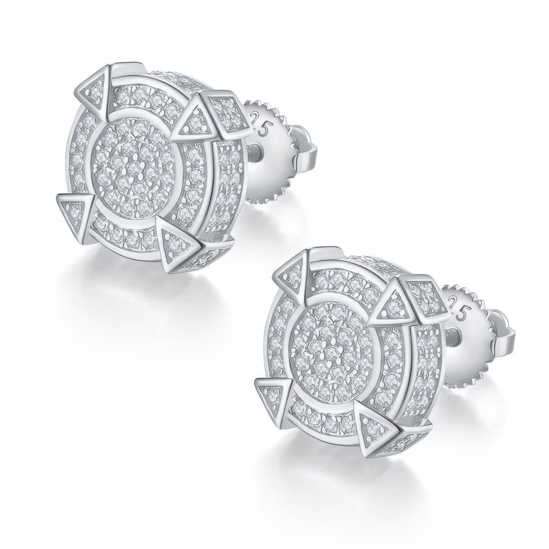 Geometric Moissanite Stud Earrings | Round Pave Compass Medallion | 925 Sterling Silver
