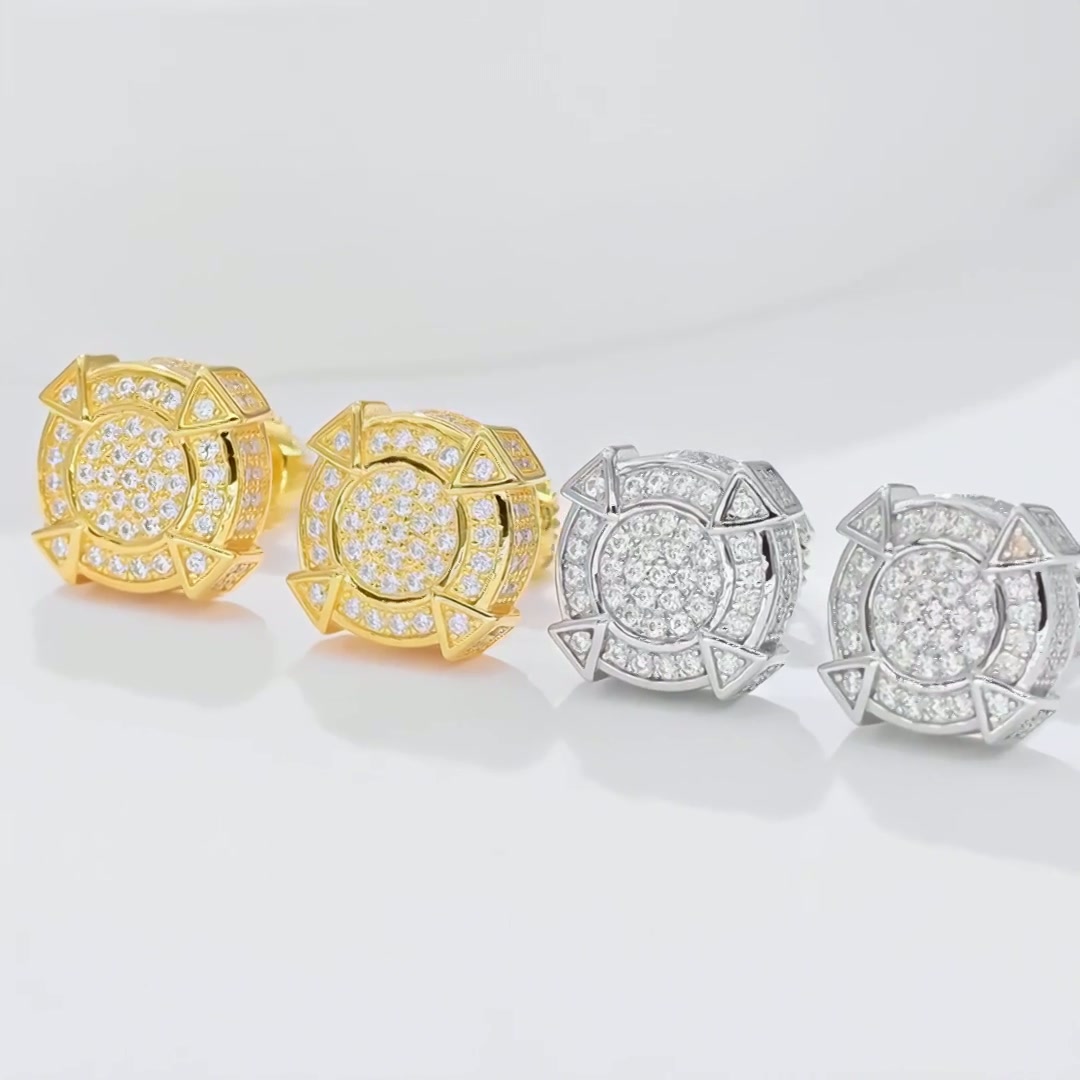 Geometric Moissanite Stud Earrings | Round Pave Compass Medallion | 925 Sterling Silver product video thumbnail