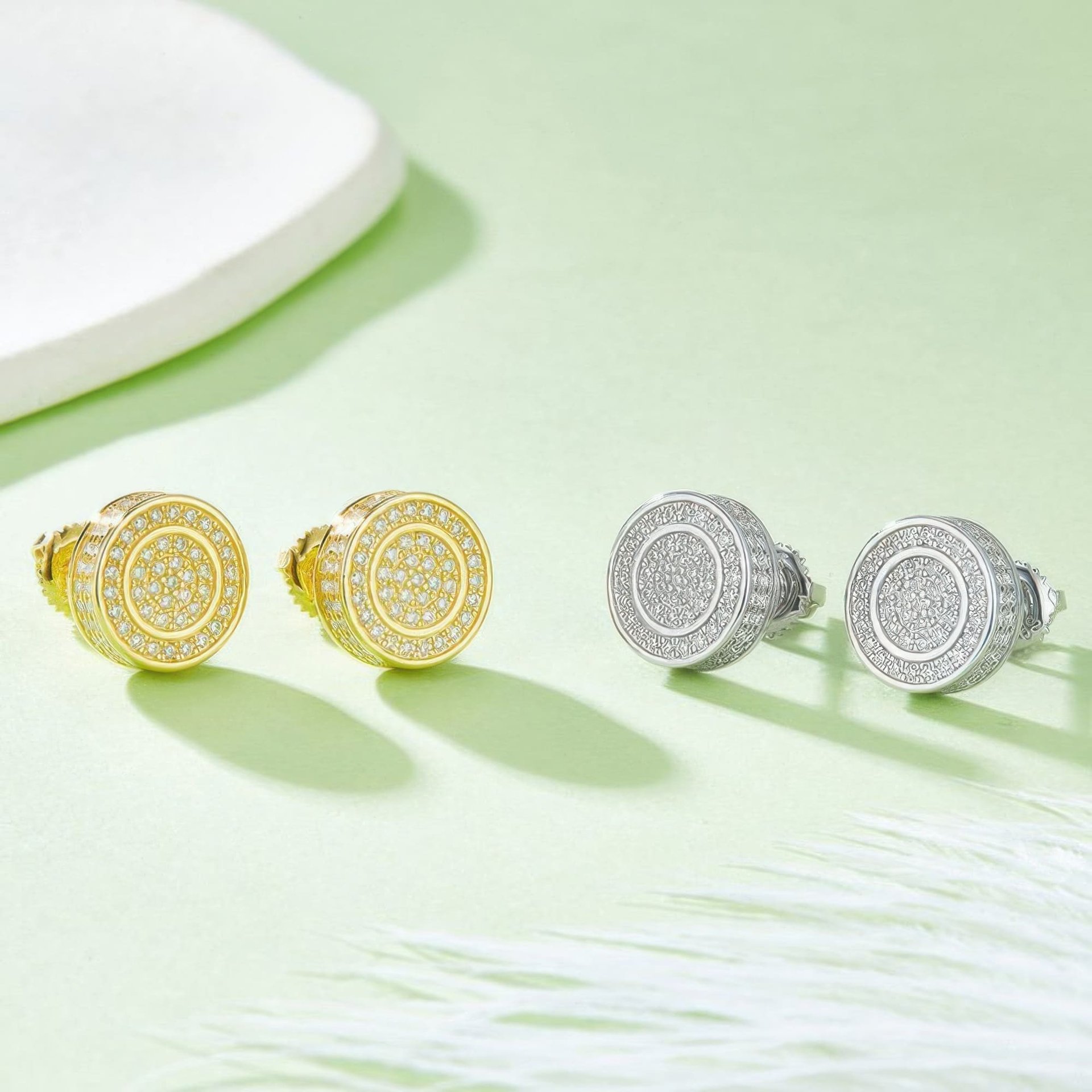 925 Silver Moissanite Stud Earrings | 3D Pavé Round Circle Hip-Hop Studs, Screw-Back Pair - Image 3