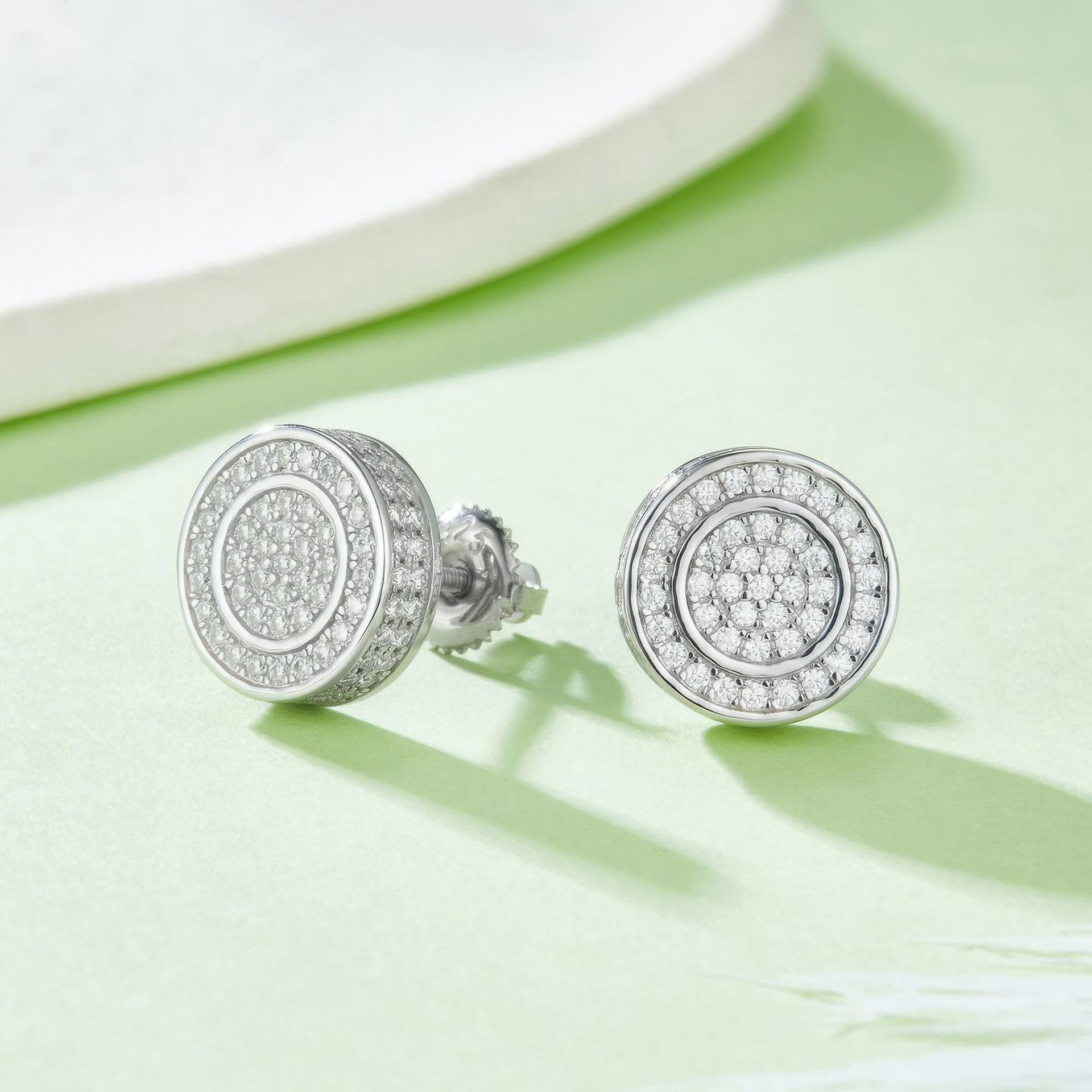 925 Silver Moissanite Stud Earrings | 3D Pavé Round Circle Hip-Hop Studs, Screw-Back Pair - alternate view