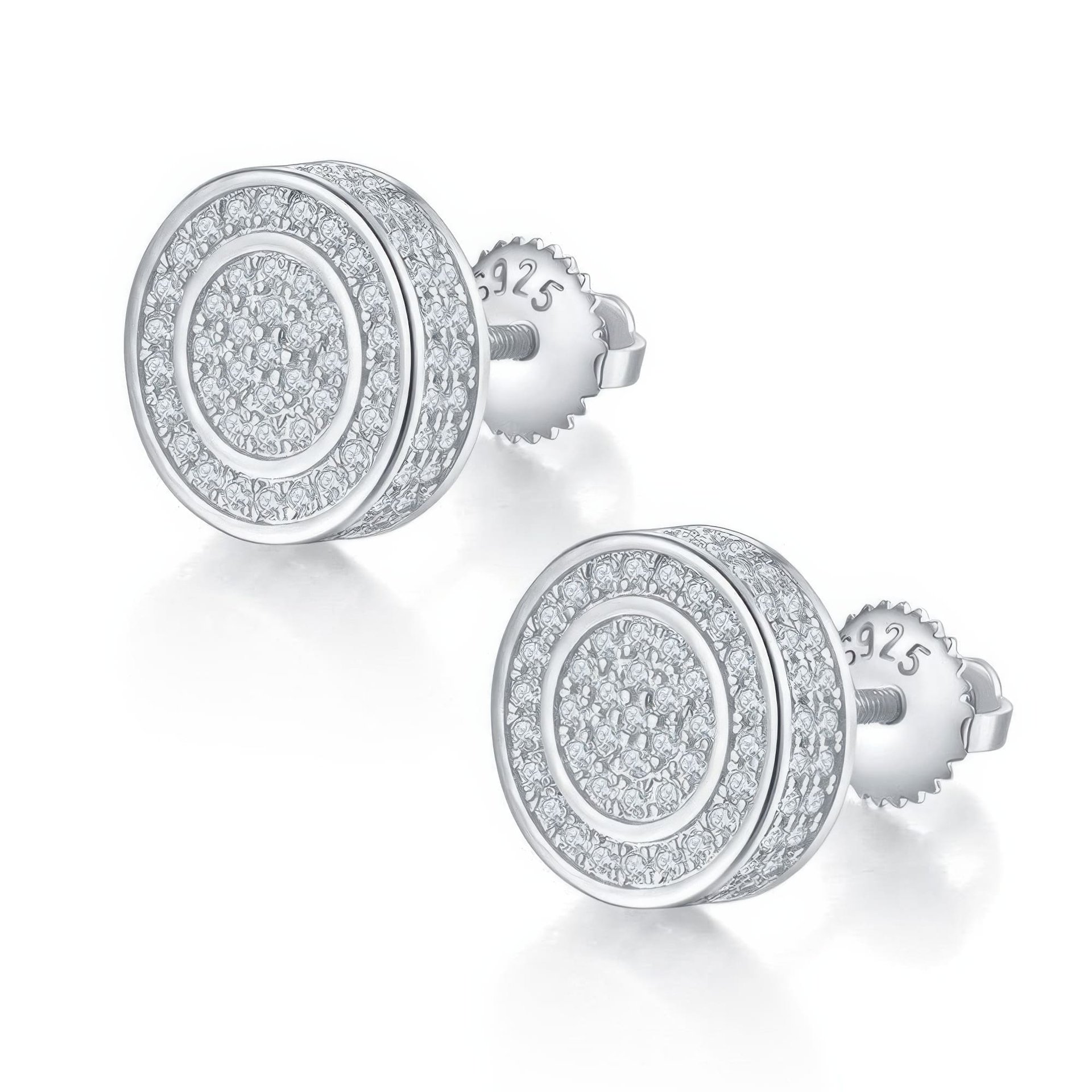 925 Silver Moissanite Stud Earrings | 3D Pavé Round Circle Hip-Hop Studs, Screw-Back Pair