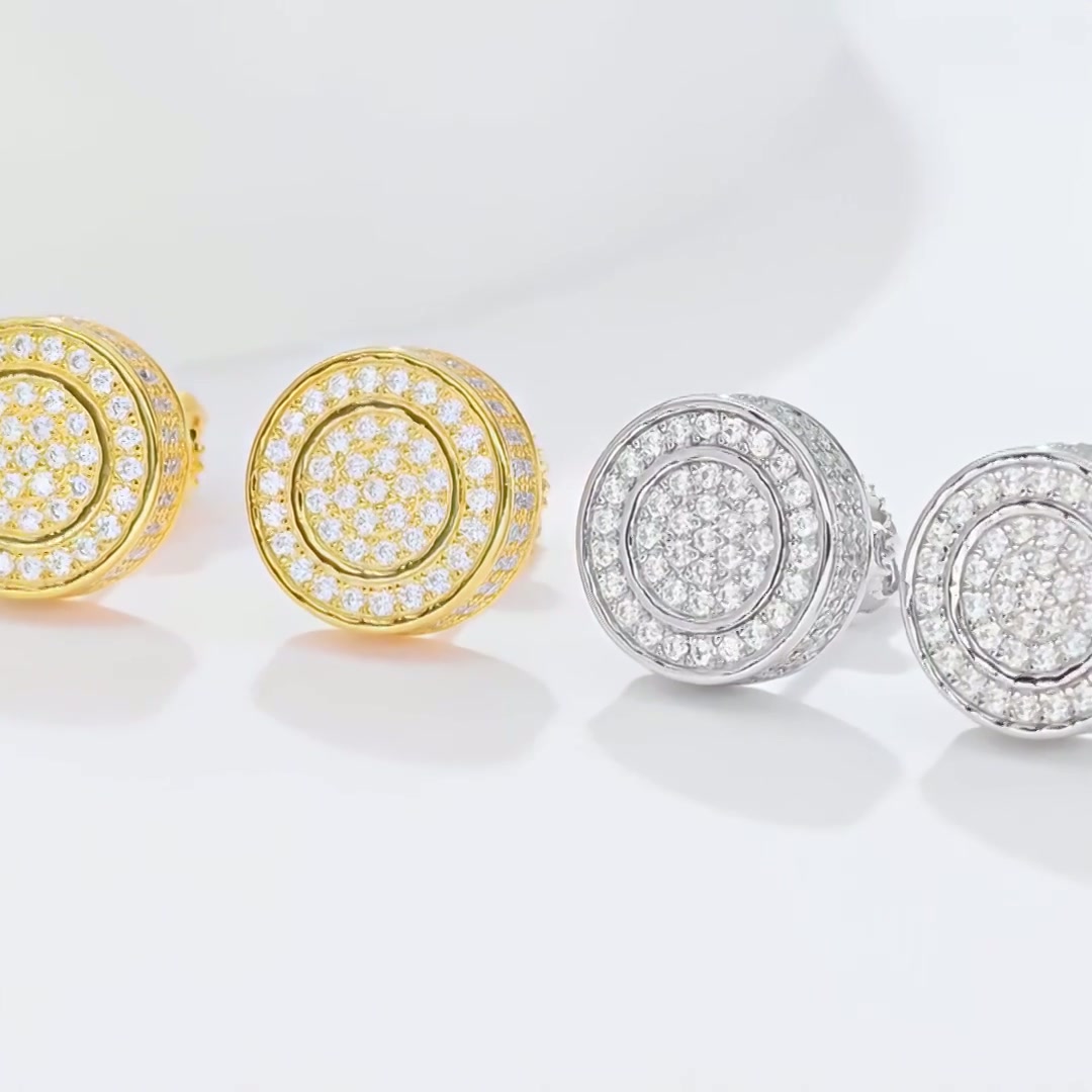 925 Silver Moissanite Stud Earrings | 3D Pavé Round Circle Hip-Hop Studs, Screw-Back Pair product video thumbnail