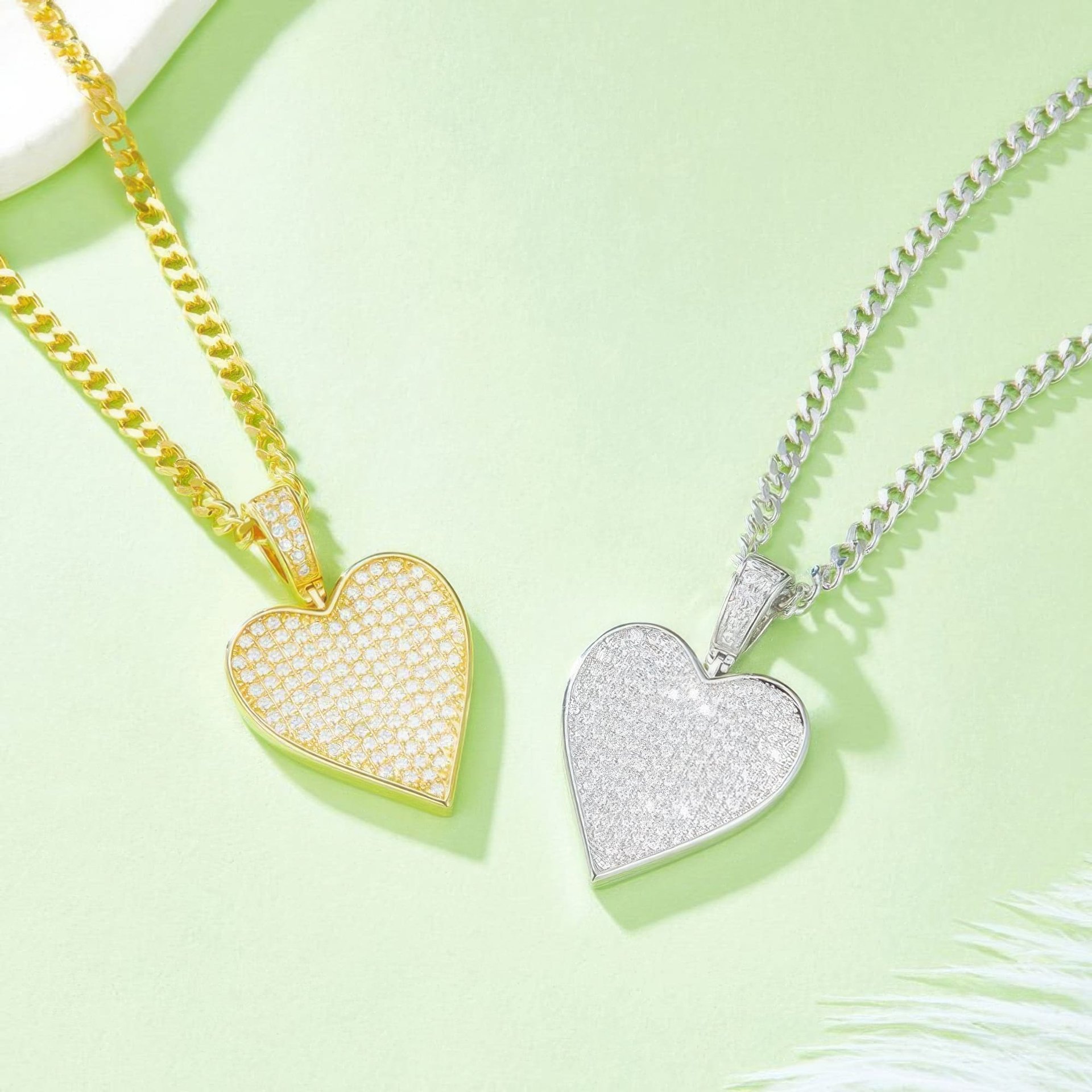 Pavé Heart Moissanite Pendant | 925 Silver Iced Heart Medallion | Curb Chain Necklace - Image 2