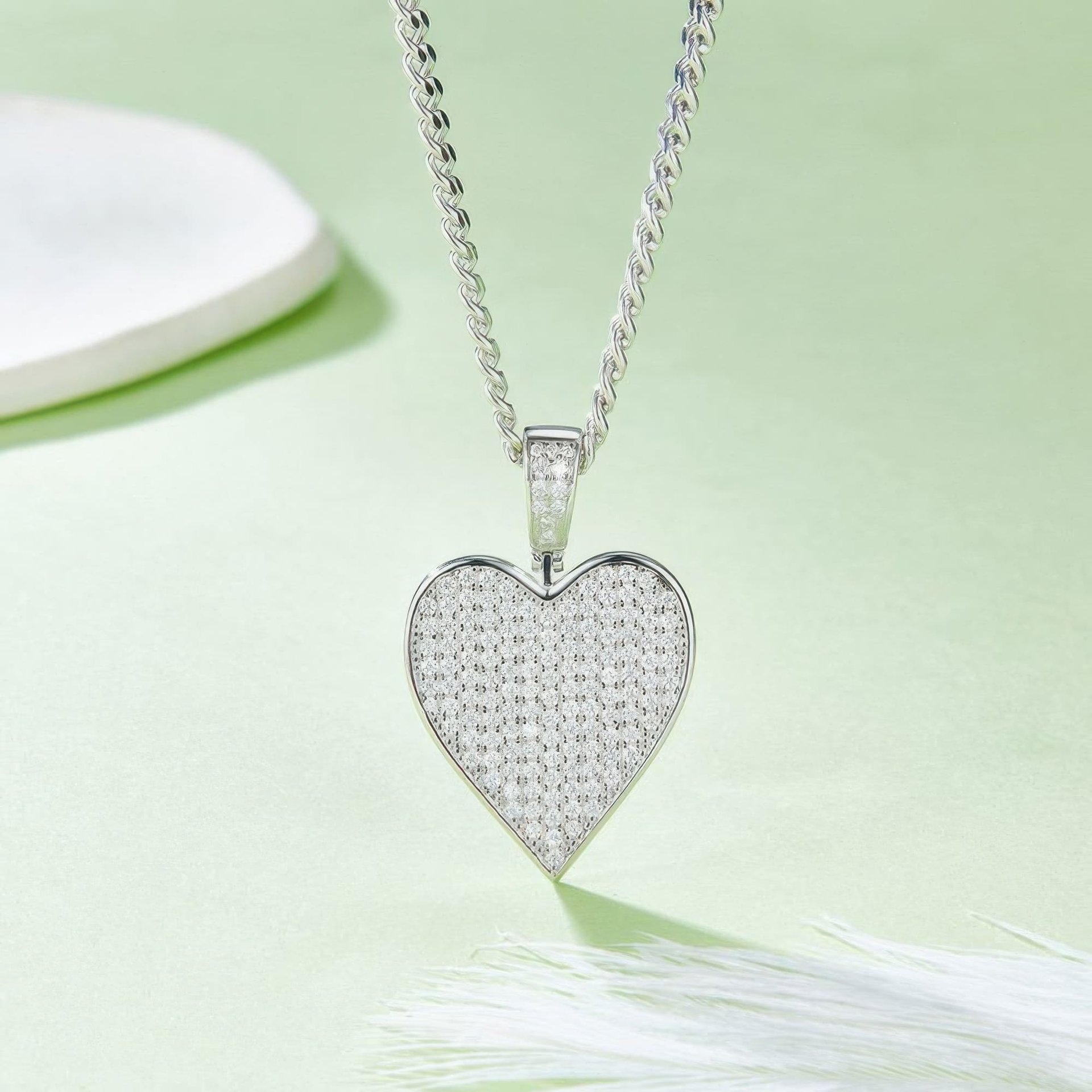 Pavé Heart Moissanite Pendant | 925 Silver Iced Heart Medallion | Curb Chain Necklace - Image 3